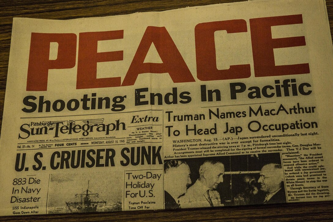 A newspaper from the end of World War II with the headline “Peace” in all capital letters lies on display at the Okinawa Prefectural Peace Memorial Museum in Itoman, Okinawa. A memorial service honoring the fallen men and women of the Battle of Okinawa was held on the 70th anniversary of the end of the battle June 23, at the Okinawa Peace Memorial Park. The ceremony had approximately 5,400 people in attendance from Okinawa and other prefectures. Honored guests included Prime Minister of Japan, Shinzo Abe; Governor of Okinawa Prefecture, Takeshi Onaga; U.S. Ambassador to Japan, Caroline Kennedy; U.S. Consul General, Alfred R. Magelby; Deputy Commanding General United States Forces Japan, Brig. Gen. Mark R. Wise; and Commanding General of Marine Corps Installations Pacific, Brig. Gen. Joaquin F. Malavet among others. During the ceremony there was a minute-long moment of silence at noon along with flowers brought to the front to honor the dead. Abe and Onaga also gave speaches expressing their grief and sorrow over the nearly 200,000 lives lost during the battle.