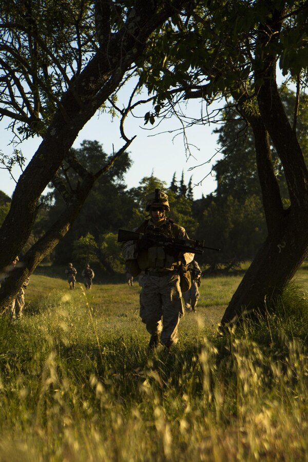 U.S. Marines with Special-Purpose Marine Air-Ground Task Force Crisis Response-Africa move toward an objective during a training exercise on Quartier Colonel de Chabrieres, France, May 29, 2015. Marines stationed at Moròn Air Base, Spain, conducted a seize and capture training exercise with service members from the French Foreign Legion’s 6th Light Armored Brigade to further improve interoperability between the two NATO forces as they concurrently deploy their service members to Africa. (U.S. Marine Corps photograph by Lance Cpl. Christopher Mendoza/Released)