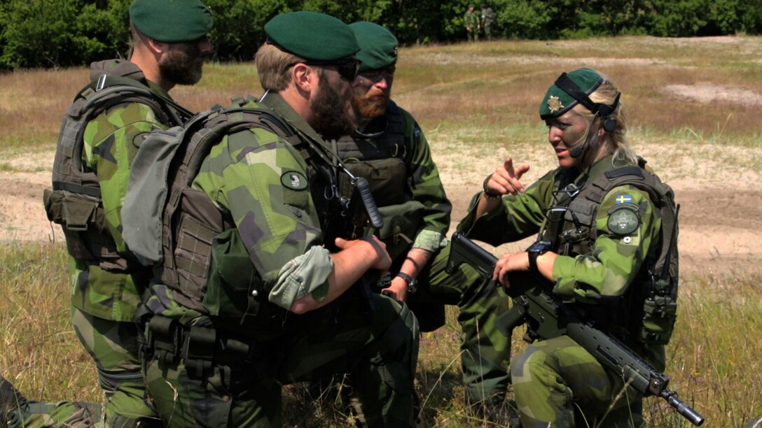 An international Corps of Marines from Sweden, Finland, and the U.K. conduct amphibious assaults on a beachhead in Ravlunda, Sweden, for local media outlets during BALTOPS 2015, June 13. The amphibious forces are part of 17 NATO Allies and partner nations that are integrated in air, land, and sea operations to improve their combined-force capability to work together and to respond to threats in the Baltic region.