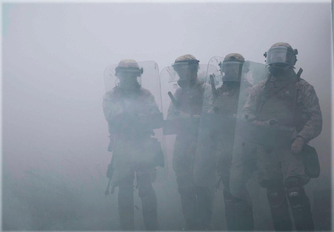 U.S. Marines with Special-Purpose Marine Air-Ground Task Force Crisis Response-Africa, form a shield wall at the National Gendarmerie Training Center in St. Astier, France, June 19, 2015. The Marines trained to operate through dense smoke and riot-control gas while maintaining tightly organized formations. (U.S. Marine Corps photo by 1st Lt. Danielle Dixon/Released)