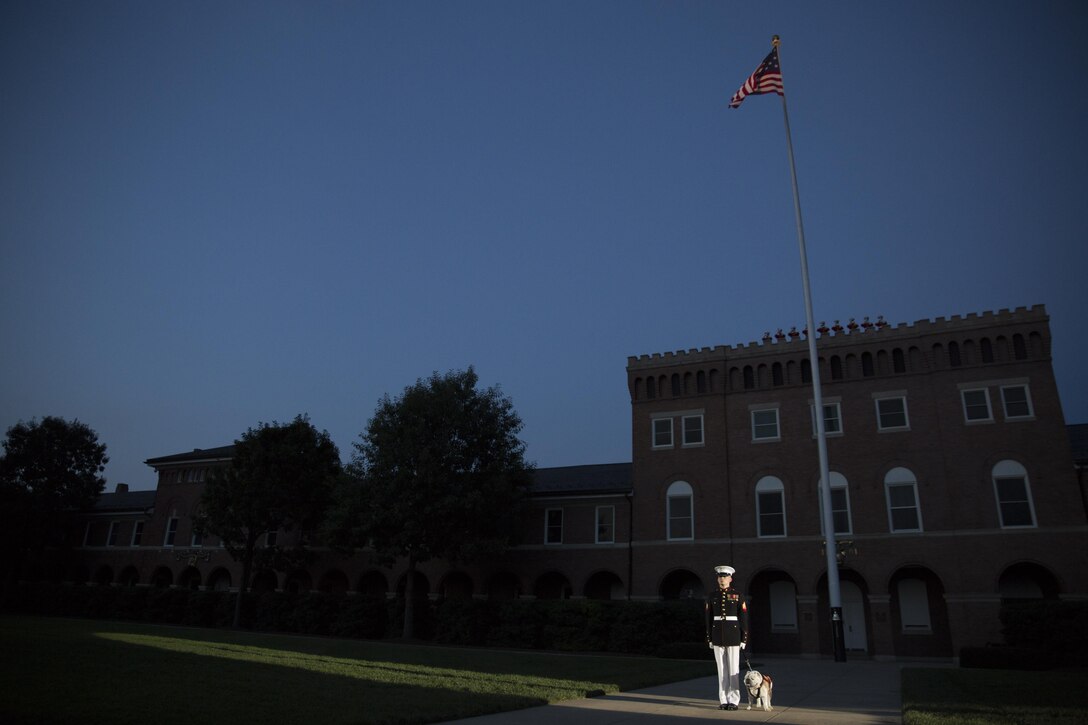 Sgt. Eric Burchfield, Marine Corps mascot handler at Marine Barracks Washington, D.C., presents Cpl. Chesty XIV, Marine Corps Mascot, during a Friday Evening Parade, June 26, 2015. The Honorable Pete Visclosky, representative, 1st District of Indiana, and the Honorable Rodney P. Frelinghuysen, representative, 11th district of New Jersey, were the guests of honor at the Evening Parade, and Lt. Gen. Glenn M. Walters, deputy commandant for programs and resources, was the hosting official for that same parade. (Official Marine Corps photo by Cpl. Chi Nguyen/Released)