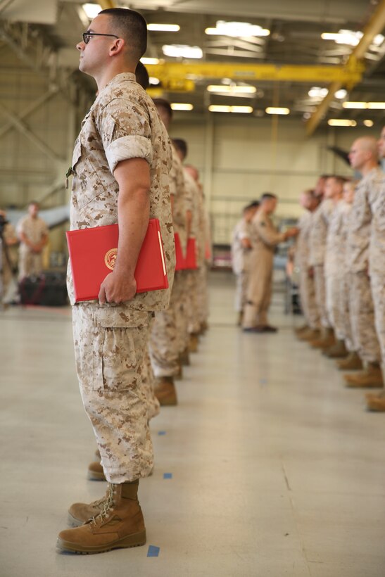 Marines with Marine Medium Tiltrotor Squadron 166, VMM-268 and VMM-364 stand in formation while Maj. Gen. Michael Rocco, commanding general of 3rd Marine Aircraft Wing, hands out awards aboard Marine Corps Air Station Miramar, California, June 25. Marines from each squadron recieved Navy and Marine Corps Commendation Medals, Navy and Marine Corps Achievement Medals or Certificates of Commendation for their work on returning an MV-22B Osprey to operational flight status.