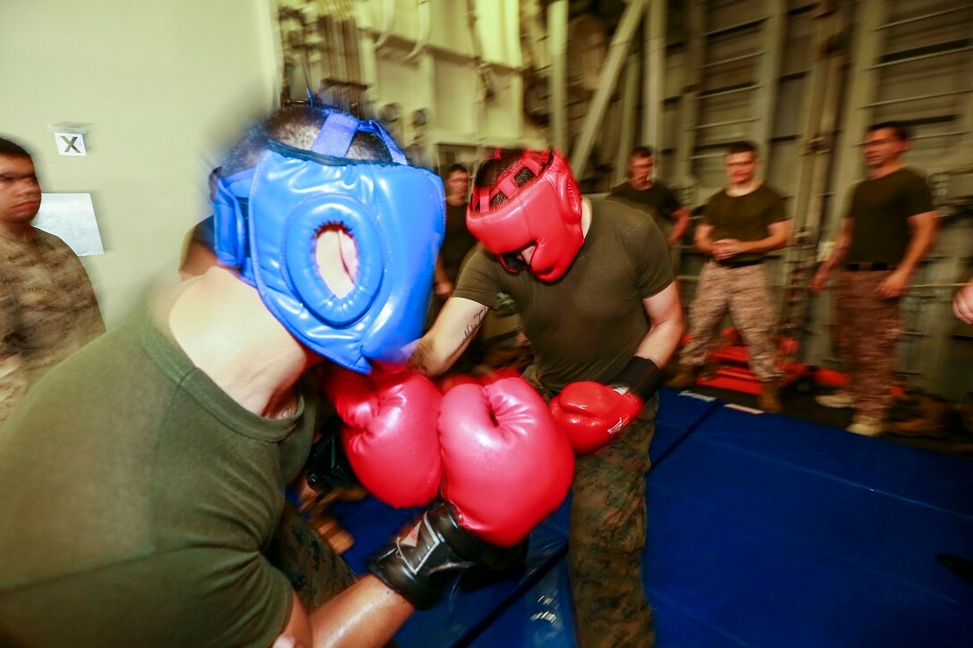 ARABIAN SEA (June 24, 2015) U.S. Marines practice sparing during a Martial Arts Instructor Course aboard the USS Anchorage (LPD 23). The students are going through the rigorous course in order to become MCMAP instructors for their respective units. Anchorage is part of the Essex Amphibious Ready Group, and, with the embarked 15th Marine Expeditionary Unit, is deployed in support of maritime security operations and theater security cooperation efforts in the U.S. 5th Fleet area of operations. (U.S. Marine Corps photo by Sgt. Jamean Berry/Released)