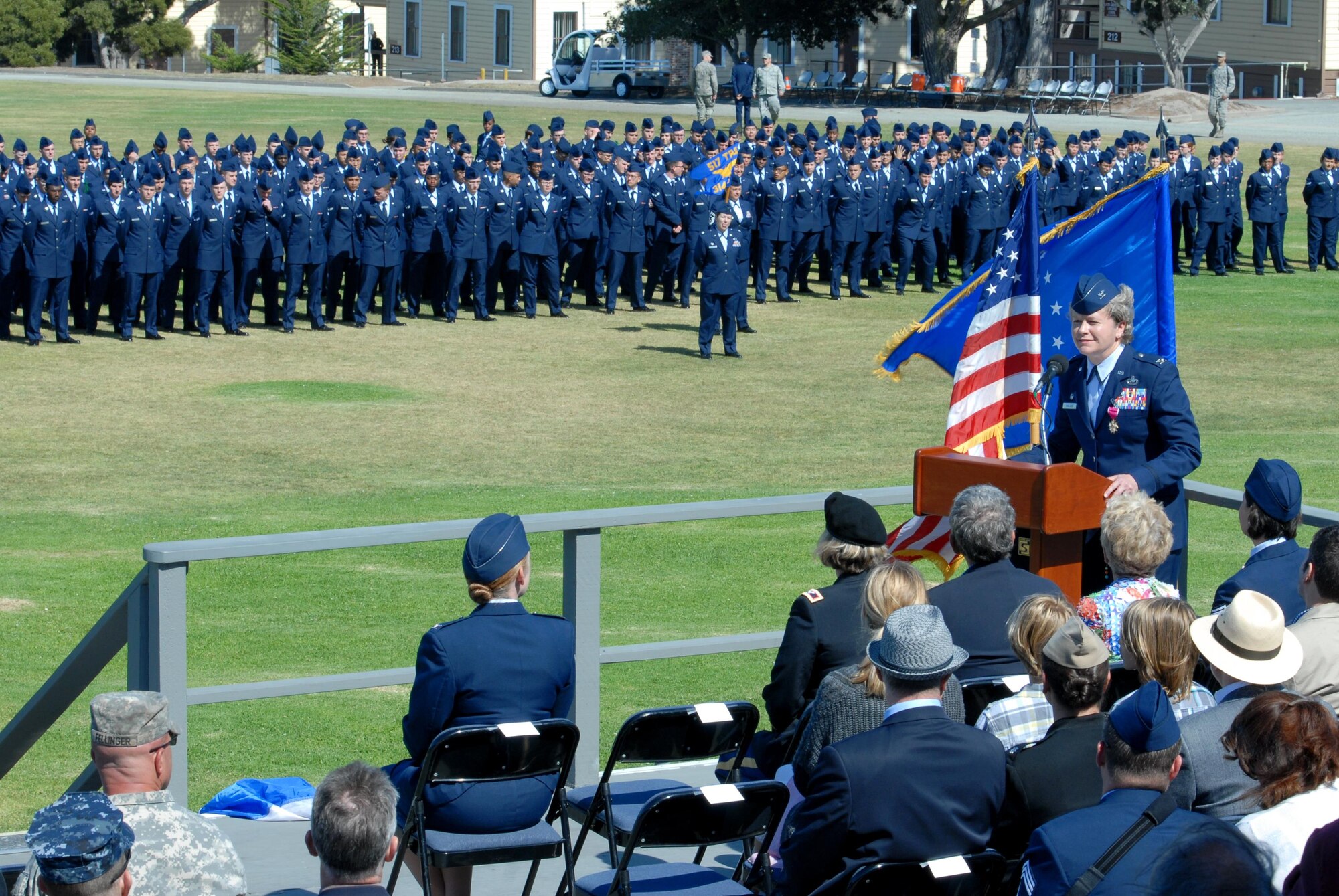 U.S. Air Force Col. Ginger L. Wallace, 517th Training Group Commander, speaks during the 517th TRG change of command ceremony at the Presidio of Monterey, California, June 26, 2015. Wallace heads to the Pentagon for assignment as the Air Force Intelligence Functional Manager. (U.S. Air Force photo by Senior Airman Joshua Edwards/ released)