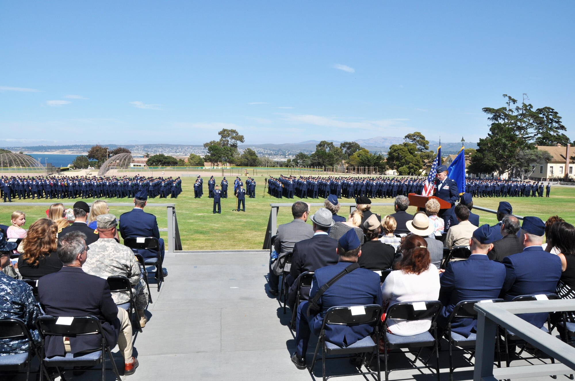U.S. Air Force Col. Kimberlee P. Joos, 17th Training Wing Commander, speaks during the 517th Training Group change of command ceremony at the Presidio of Monterey, California, June 26, 2015. Col. Joos presided over the ceremony and welcomed in the new 517th TRG commander Col. Keith M. Logeman. (U.S. Air Force photo by Senior Airman Joshua Edwards/ released)