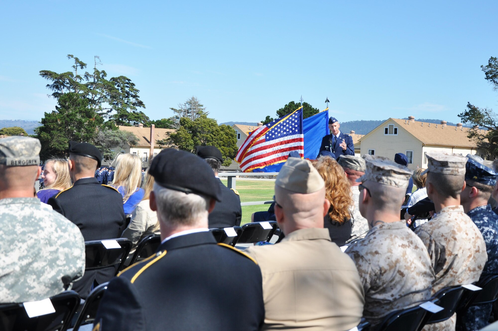 U.S. Air Force Col. Keith M. Logeman, 517th Training Group Commander, speaks during the 517th TRG change of command ceremony at the Presidio of Monterey, California, June 26, 2015. Logeman assumed command of the 517th TRG during the ceremony. (U.S. Air Force photo by Senior Airman Joshua Edwards/ released)
