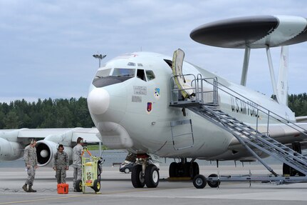 JOINT BASE ELMENDORF-RICHARDSON, Alaska (June 25, 2015) - Maintenance crew members prepare a U.S. Air Force E-3G Airborne Warning and Control System aircraft for takeoff during Exercise Northern Edge. Thousands of service members from all the branch services including active duty, Reserve and National Guard units participated. 