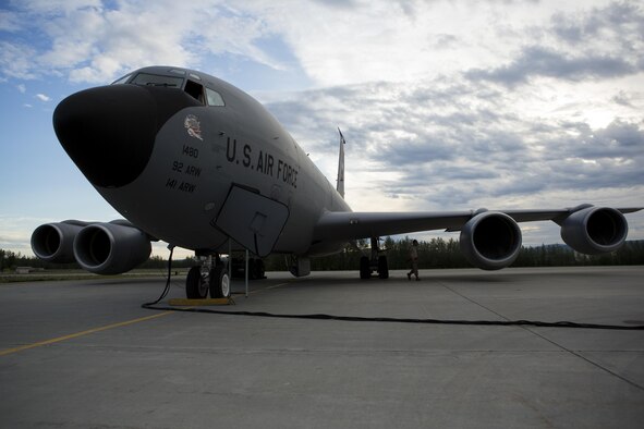 A U.S. Air Force KC-135T Stratotanker assigned to the 92nd Air Refueling Wing, Fairchild Air Force Base, Wash., sits on the flight line prior to a training mission during Exercise Northern Edge 15 at Eielson Air Force Base, Alaska, June 16, 2015. Northern Edge is Alaska’s premier joint training exercise designed to practice operations, techniques and procedures as well as enhance interoperability among the services. Thousands of service members from active duty, Reserve and National Guard units are involved. (U.S. Marine Corps photo by Cpl. Suzanne Dickson/ Released)