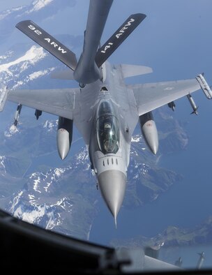 A U.S. Air Force F-16 Fighting Falcon assigned to 35th Fighter Wing, Misawa Air Base, Japan, aligns under the boom of a U.S. Air Force KC-135T Stratotanker assigned to the 92nd Air Refueling Wing, Fairchild Air Force Base, Wash., June 16, 2015, while conducting a training mission over the Joint Pacific Alaska Range Complex during Exercise Northern Edge 15. Northern Edge is Alaska’s premier joint training exercise designed to practice operations, techniques and procedures as well as enhance interoperability among the services. Thousands of service members from active duty, Reserve and National Guard units are involved. (U.S. Marine Corps photo by Cpl. Suzanne Dickson/ Released)