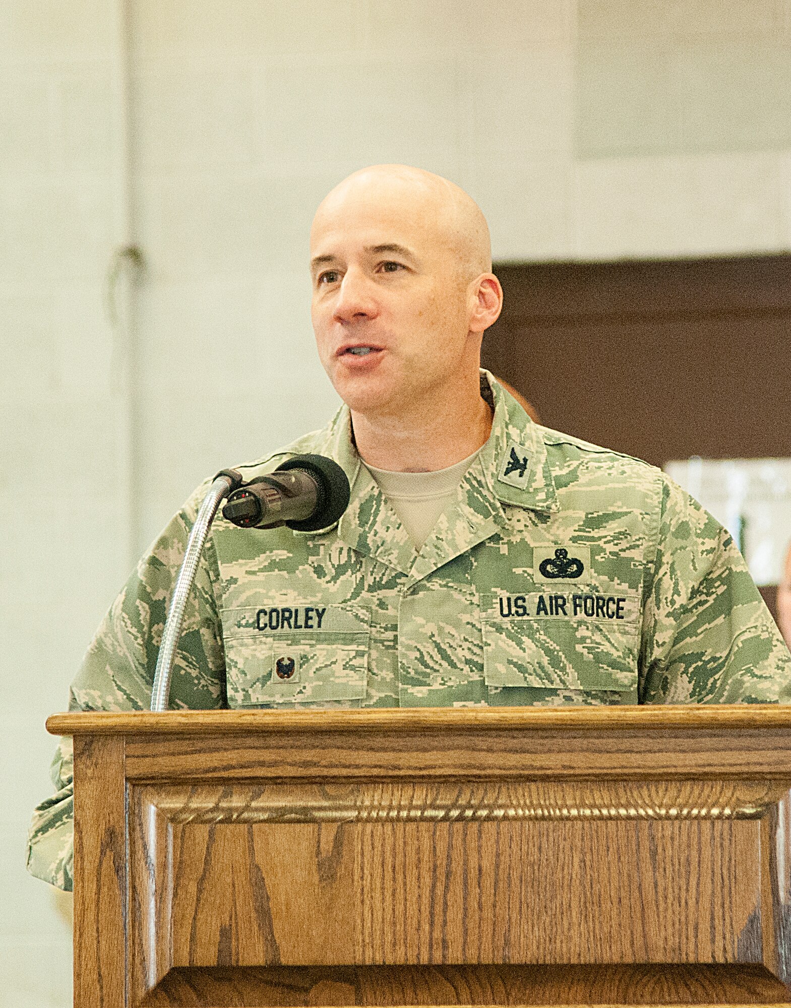 Col. Christopher Corley, 90th Security Forces Group commander, speaks to the crowd attending the 90th SFG Change of Command June 29, 2015, in the Peacekeeper High Bay on F.E. Warren Air Force Base, Wyo. Corley assumed command of the largest security forces group in the U.S. Air Force. (U.S. Air Force photo by Senior Airman Jason Wiese)