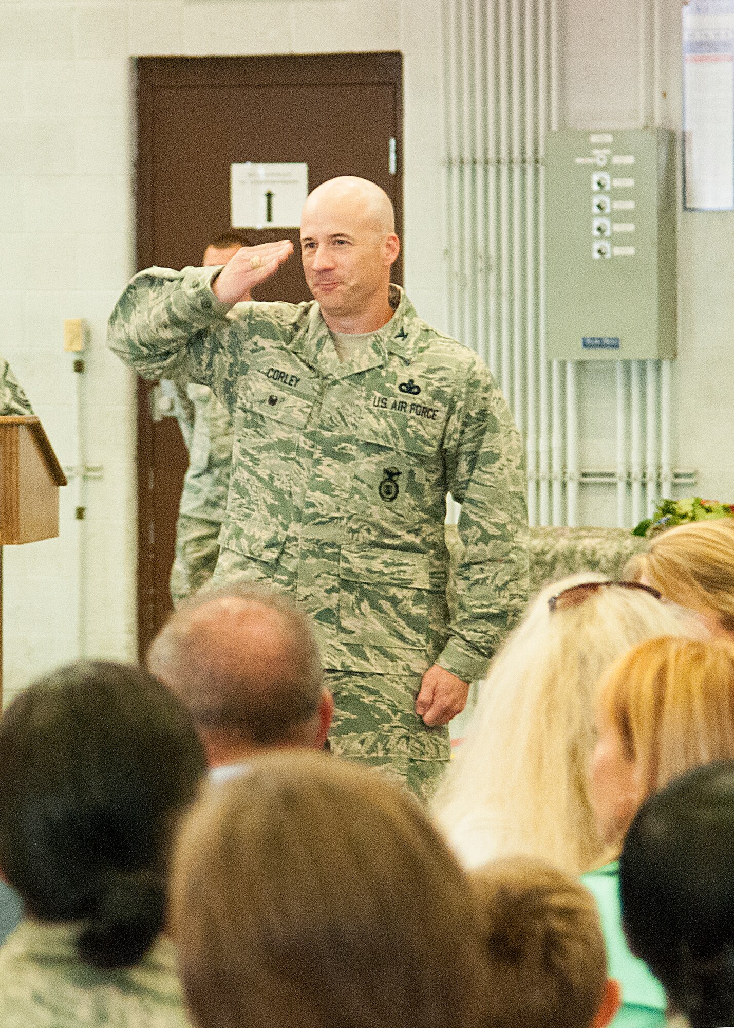 Col. Christopher Corley, 90th Security Forces Group commander, returns the first salute given to him by the Airmen of the 90th SFG during the group’s change of command, June 29, 2015, in the Peacekeeper High Bay on F.E. Warren Air Force Base, Wyo. (U.S. Air Force photo by Senior Airman Jason Wiese)