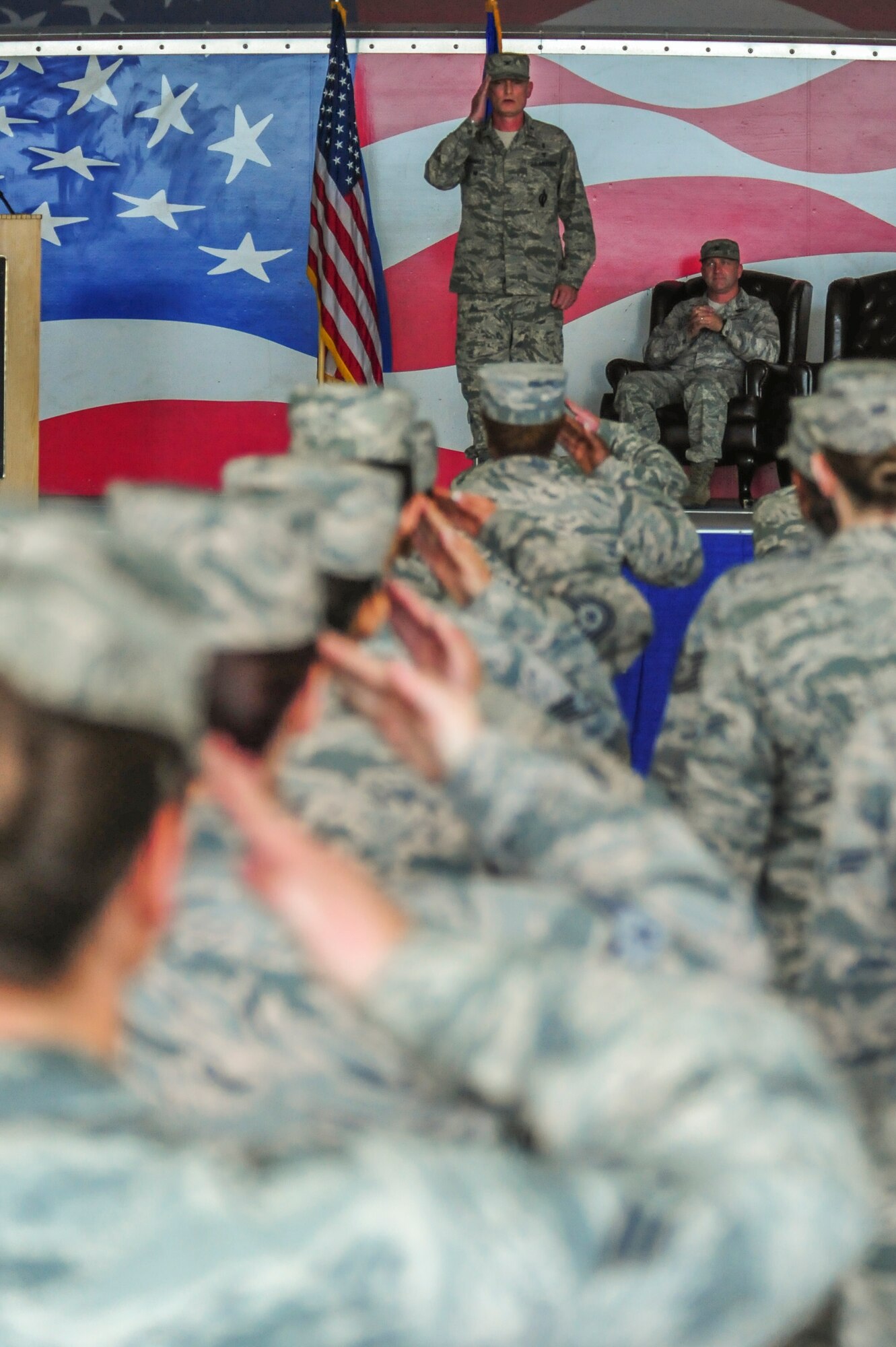 Col. Paul Conner, incoming 4th Medical Group commander, receives his first salute after assuming command, June 25, 2015, at Seymour Johnson Air Force Base, North Carolina. Conner acknowledged the group’s significant achievements during the past two years and plans to continue the trend of excellence.  (U.S. Air Force photo/Senior Airman Brittain Crolley)