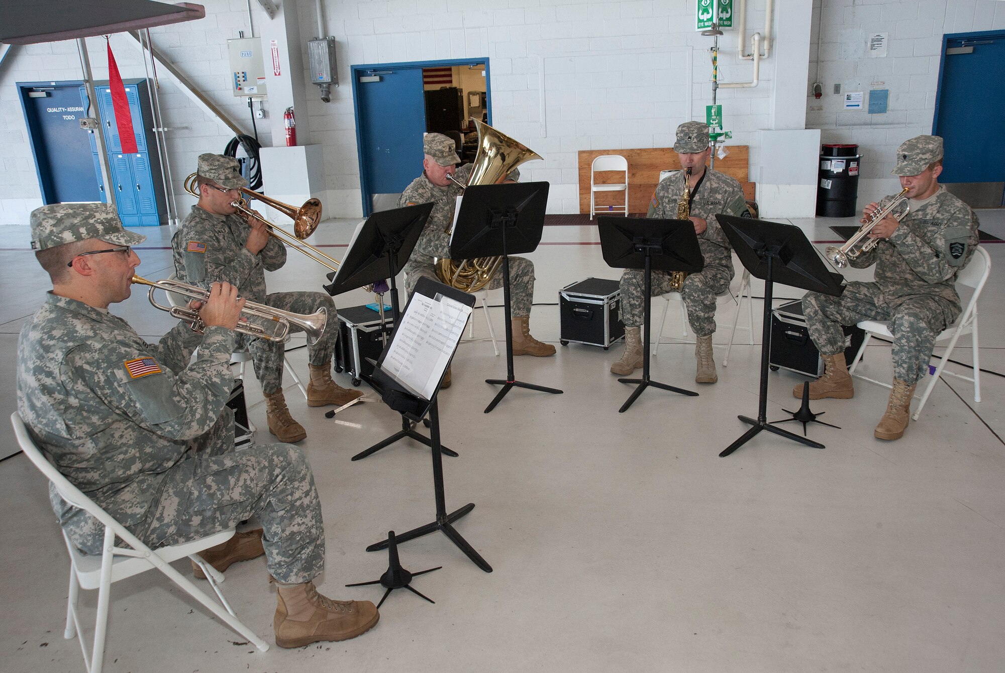 Members of the 234th Army National Guard Band perform during the 142nd Fighter Wing mobilization ceremony, June 26, 2015, Portland Air National Guard Base, Ore. (U.S. Air National Guard photo by Tech. Sgt. John Hughel, 142nd Fighter Wing Public Affairs/Released)