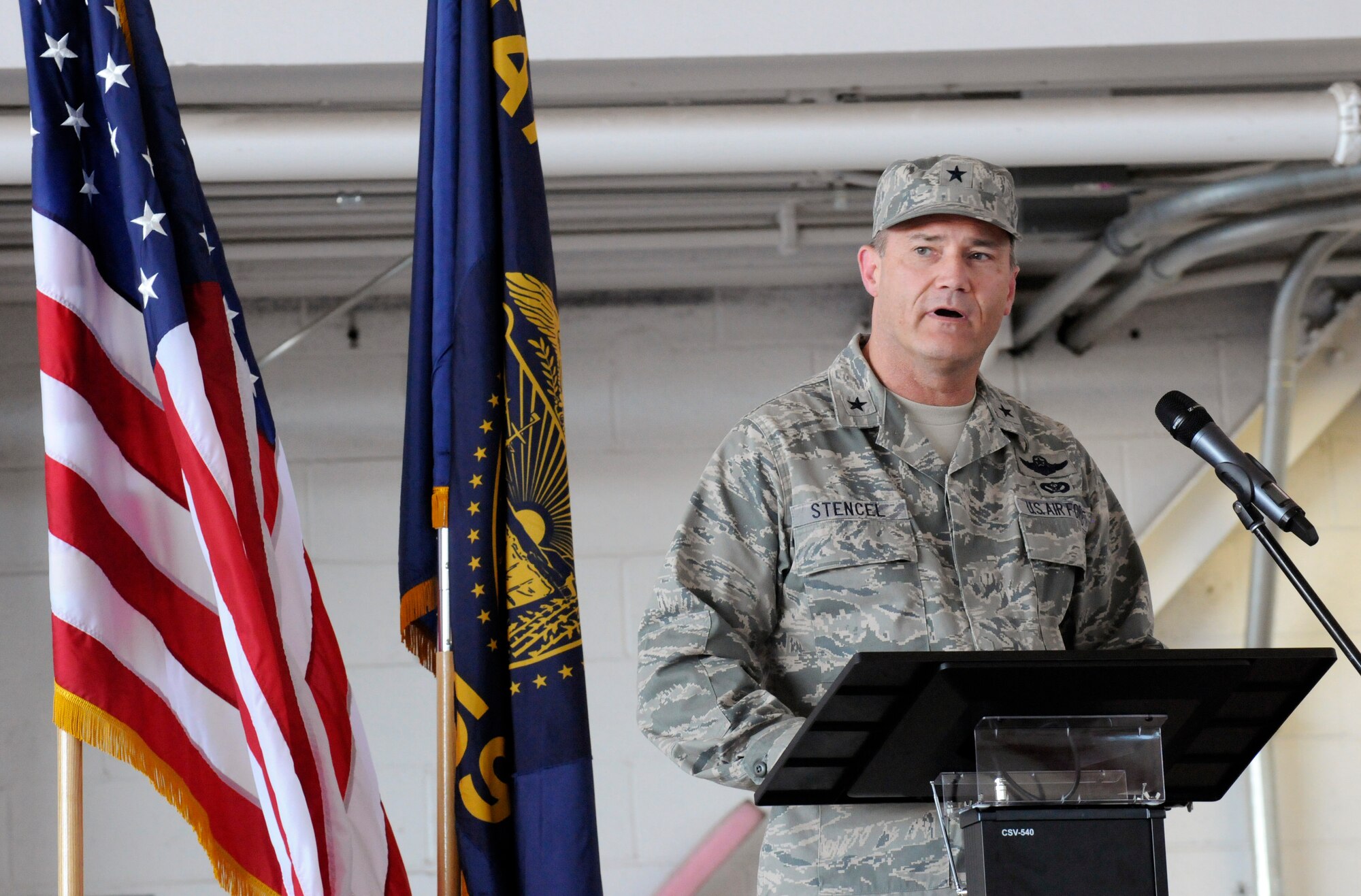Air National Guard Brig. Gen. Michael Stencel, Oregon Air National Guard commander, addresses members of the 142nd Fighter Wing and family members during the formal mobilization ceremony, June 26, 2015, Portland Air National Guard Base, Ore. (U.S. Air National Guard photo by Tech. Sgt. John Hughel, 142nd Fighter Wing Public Affairs/Released)