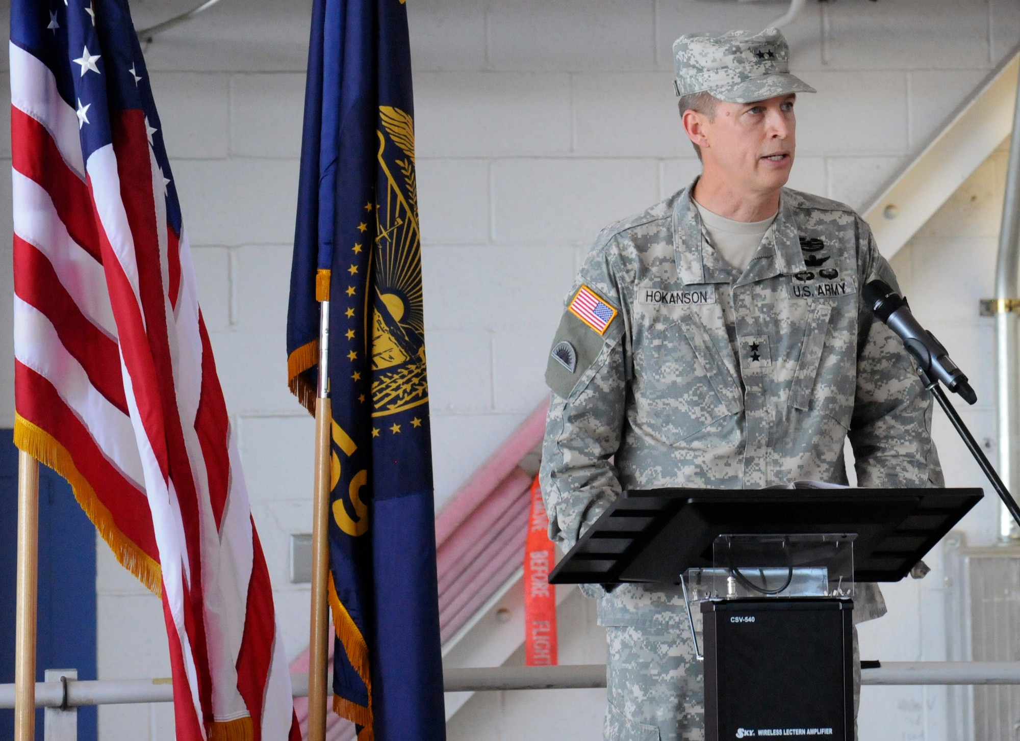 Army National Guard Maj. Gen. Daniel Hokanson, Adjutant General for Oregon, addresses members of the 142nd Fighter Wing and family members during the formal mobilization ceremony, June 26, 2015, Portland Air National Guard Base, Ore. (U.S. Air National Guard photo by Tech. Sgt. John Hughel, 142nd Fighter Wing Public Affairs/Released)