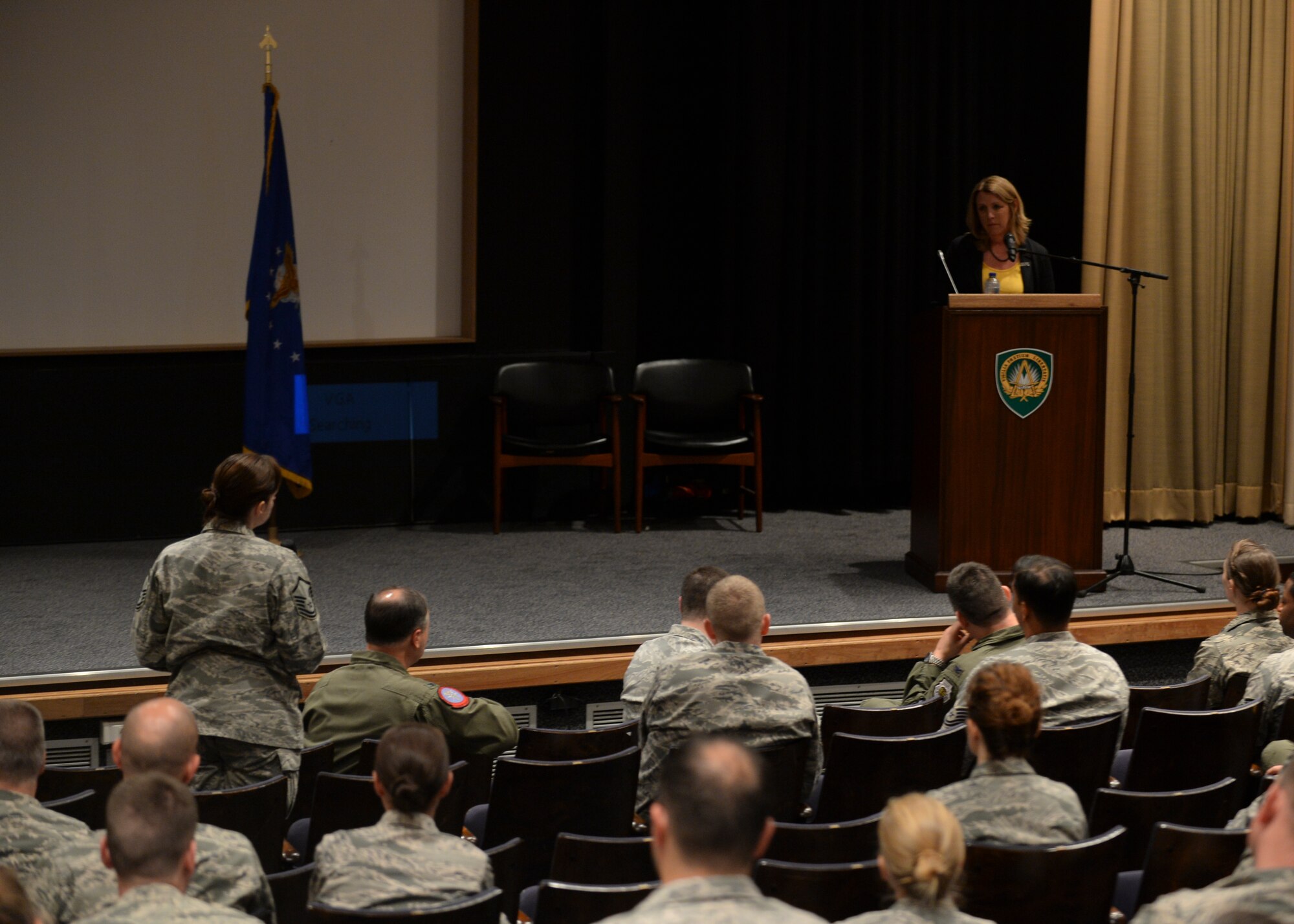 Deborah Lee James, Secretary of the Air Force, speaks to U.S. Air Force Airmen during an all-call at Supreme Headquarters Allied Powers Europe at Mons, Belgium, June 23, 2015. The Secretary completed a visit of installations through Europe June 24, 2015, to meet Airmen, community leaders and allied and partner nation defense chiefs. (U.S. Air Force photo by Staff Sgt. Joe W. McFadden/Released)
