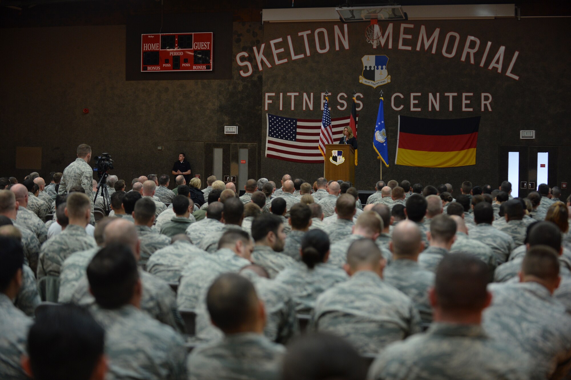 Deborah Lee James, Secretary of the U.S. Air Force, speaks to U.S. Air Force Airmen during an all-call at the Skelton Memorial Fitness Center at Spangdahlem Air Base, Germany, June 23, 2015. The Secretary completed a visit of installations through Europe June 24, 2015, to meet Airmen, community leaders and allied and partner nation defense chiefs. (U.S. Air Force photo by Staff Sgt. Joe W. McFadden/Released)