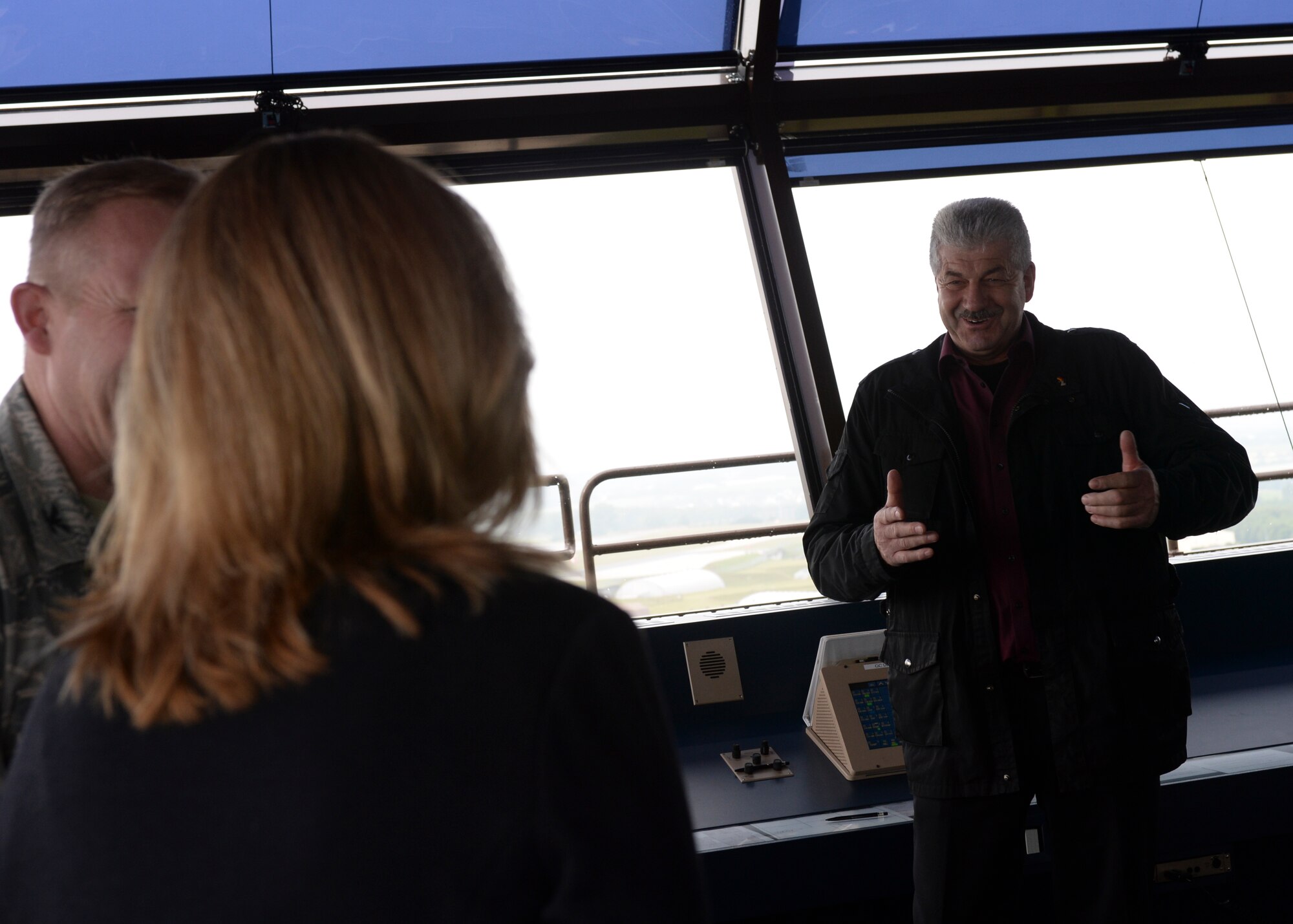 Klaus Rodens, mayor of Spangdahlem, Germany, right, speaks with Deborah Lee James, Secretary of the U.S. Air Force, during her visit to the air tower at Spangdahlem Air Base, Germany, June 23, 2015. The Secretary completed a visit of installations through Europe June 24, 2015, to meet Airmen, community leaders and allied and partner nation defense chiefs. (U.S. Air Force photo by Staff Sgt. Joe W. McFadden/Released)
