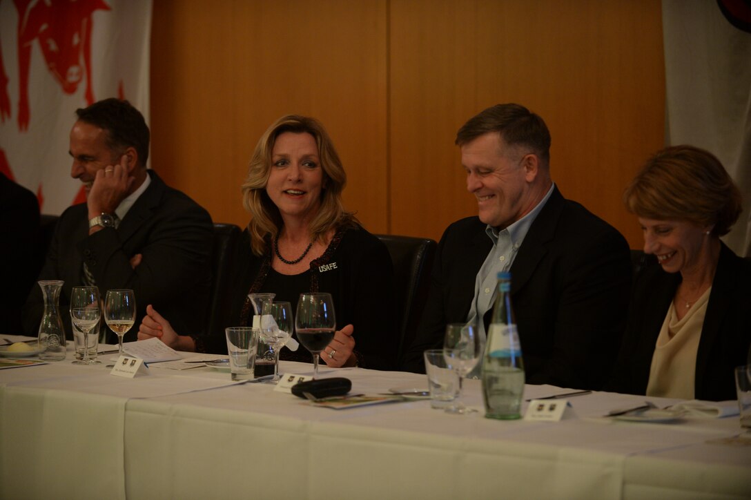 Deborah Lee James, Secretary of the U.S. Air Force, center left, speaks as U.S. Air Force Gen. Frank Gorenc, U.S. Air Forces Europe-Air Forces Africa commander, center right, looks on during a USAFE-AFA community relations leadership forum in Wittlich, Germany, June 22, 2015. The Secretary completed a visit of installations through Europe June 24, 2015, to meet Airmen, community leaders and allied and partner nation defense chiefs. (U.S. Air Force photo by Staff Sgt. Joe W. McFadden/Released)