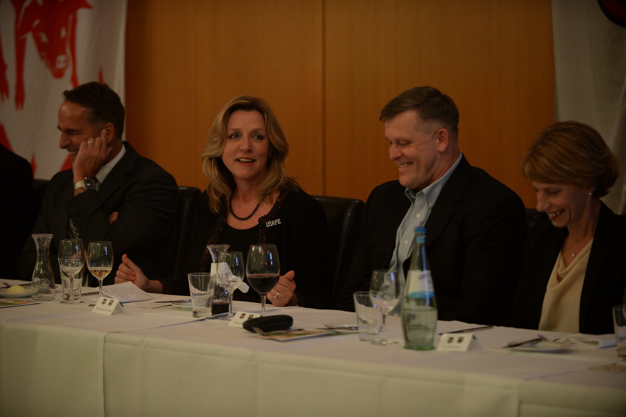 Deborah Lee James, Secretary of the U.S. Air Force, center left, speaks as U.S. Air Force Gen. Frank Gorenc, U.S. Air Forces Europe-Air Forces Africa commander, center right, looks on during a USAFE-AFA community relations leadership forum in Wittlich, Germany, June 22, 2015. The Secretary completed a visit of installations through Europe June 24, 2015, to meet Airmen, community leaders and allied and partner nation defense chiefs. (U.S. Air Force photo by Staff Sgt. Joe W. McFadden/Released)