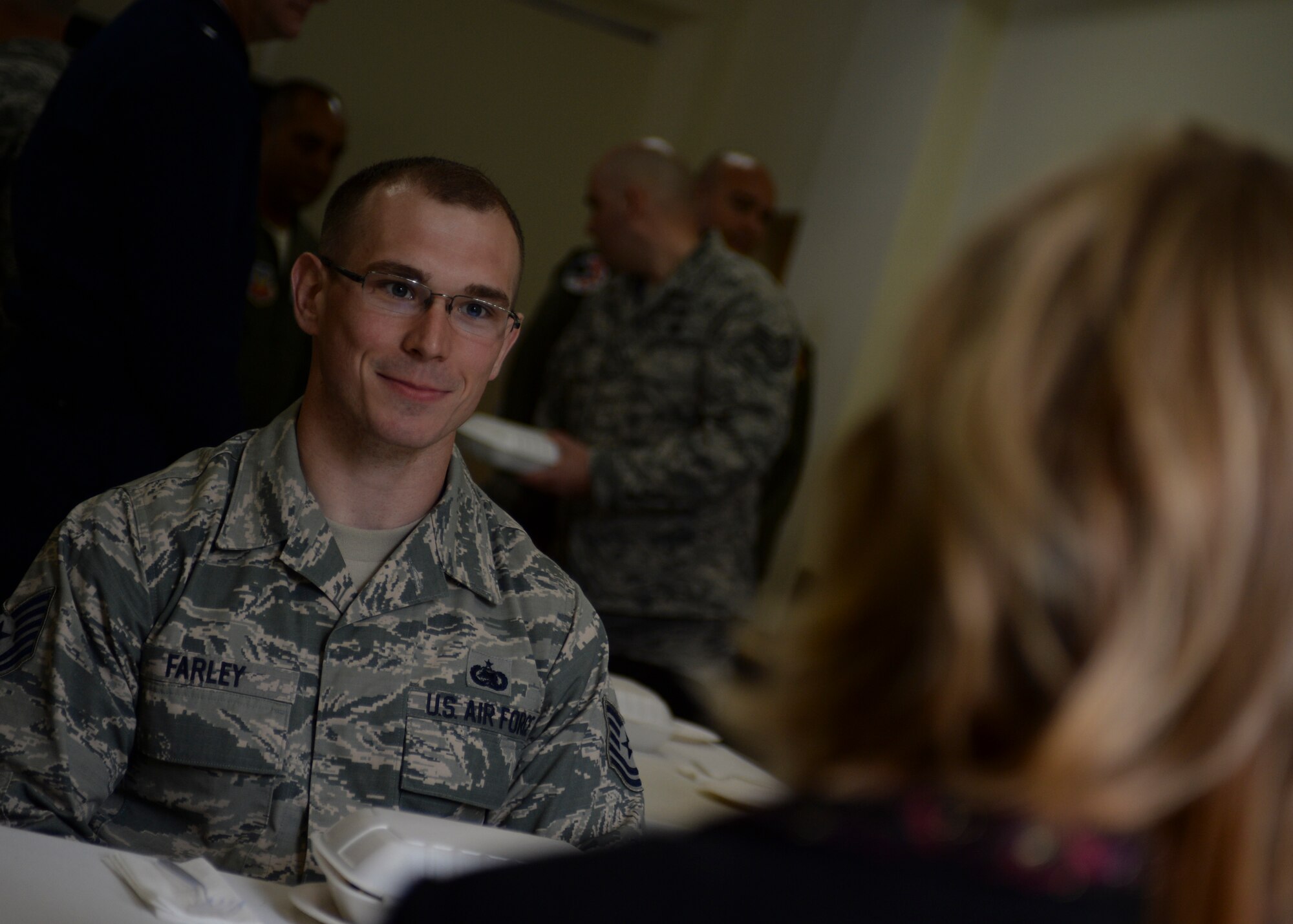A U.S. Air Force technical sergeant speak with Deborah Lee James, Secretary of the U.S. Air Force, during her visit to Lask Air Base, Poland, June 22, 2015. The Secretary completed a visit of installations through Europe June 24, 2015, to meet Airmen, community leaders and allied and partner nation defense chiefs. (U.S. Air Force photo by Staff Sgt. Joe W. McFadden/Released)