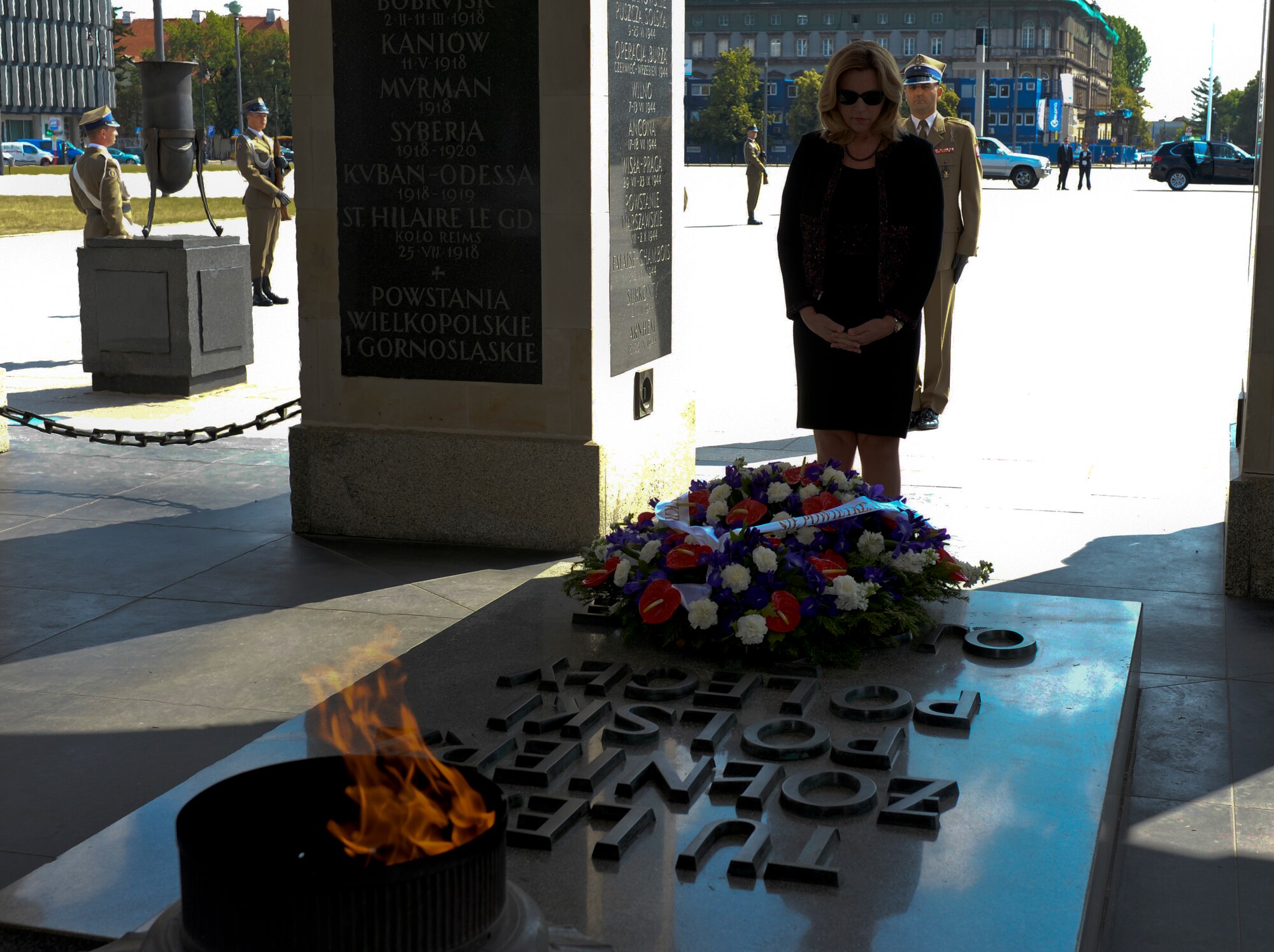 Deborah Lee James, Secretary of the U.S. Air Force, participates in a wreath-laying ceremony at the Tomb of the Unknown Soldier in Warsaw, Poland, June 22, 2015. The Secretary completed a visit of installations through Europe June 24, 2015, to meet Airmen, community leaders and allied and partner nation defense chiefs. (U.S. Air Force photo by Staff Sgt. Joe W. McFadden/Released)