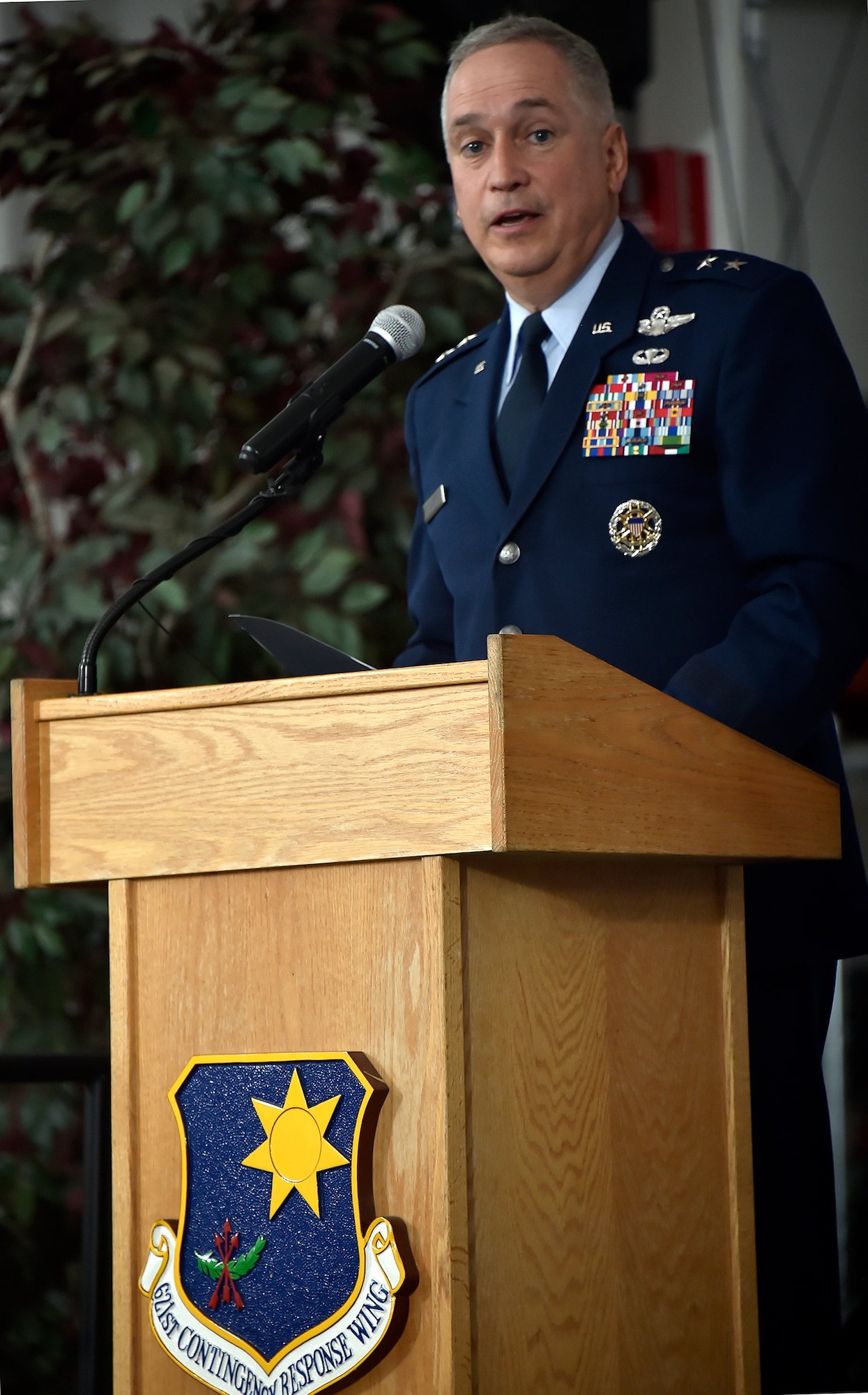 Maj. Gen. Fredrick H. “Rick” Martin, commander of the U.S. Air Force Expeditionary Center, discusses the magnitude of the 621st Contingency Response Wing reorganization during the wing’s capstone ceremony held June 26, 2015, at Joint Base McGuire-Dix-Lakehurst, N.J. “I couldn’t be more proud of what you are doing; all of you deliver air mobility at the point of need, whether permissive, uncertain or hostile environment,” Martin said. (U.S. Air Force photo by Tech. Sgt. Matthew Hannen)