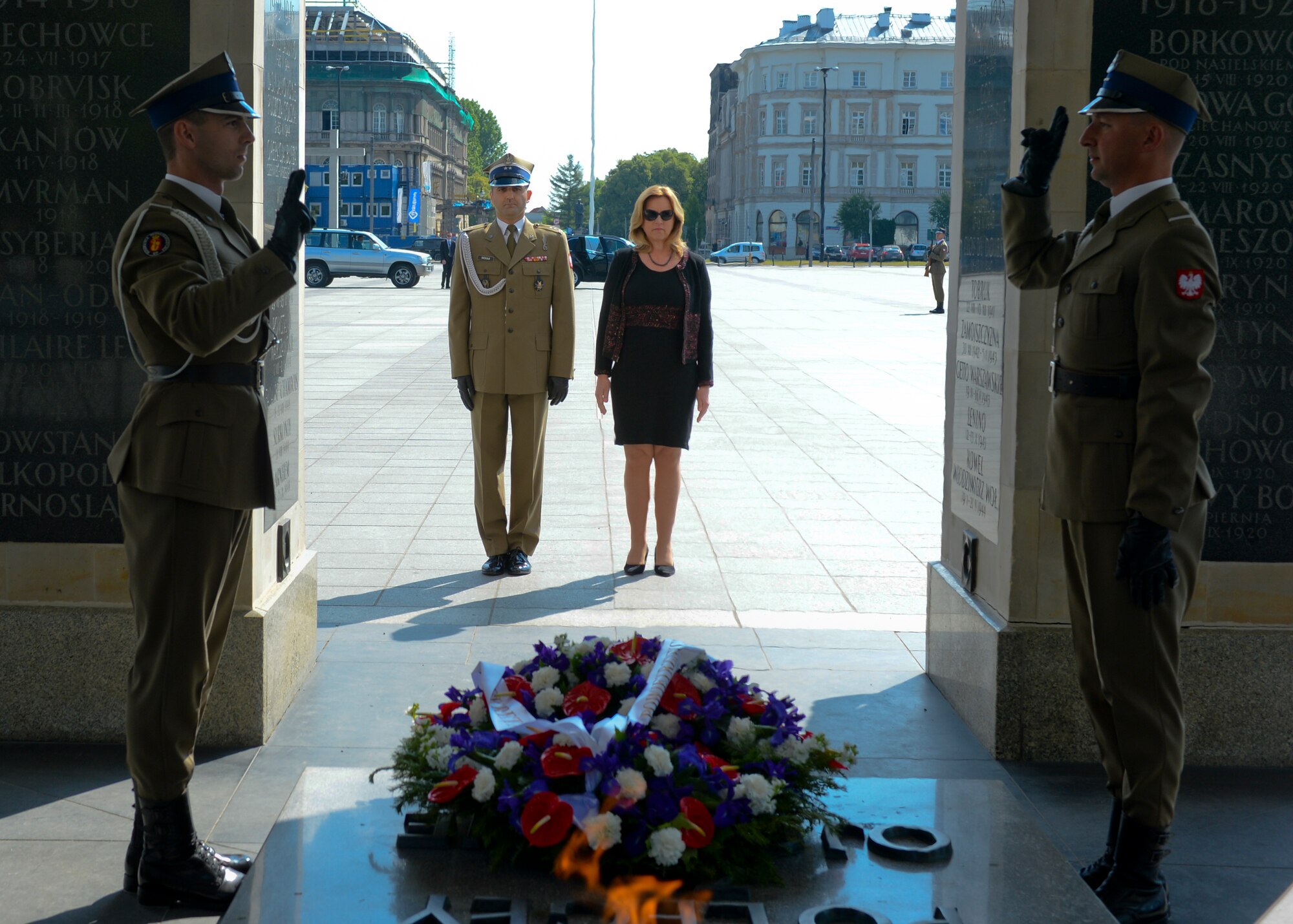 Deborah Lee James, Secretary of the U.S. Air Force, center right, participates in a wreath-laying ceremony at the Tomb of the Unknown Soldier in Warsaw, Poland, June 22, 2015. The Secretary completed a visit of installations through Europe June 24, 2015, to meet Airmen, community leaders and allied and partner nation defense chiefs. (U.S. Air Force photo by Staff Sgt. Joe W. McFadden/Released)