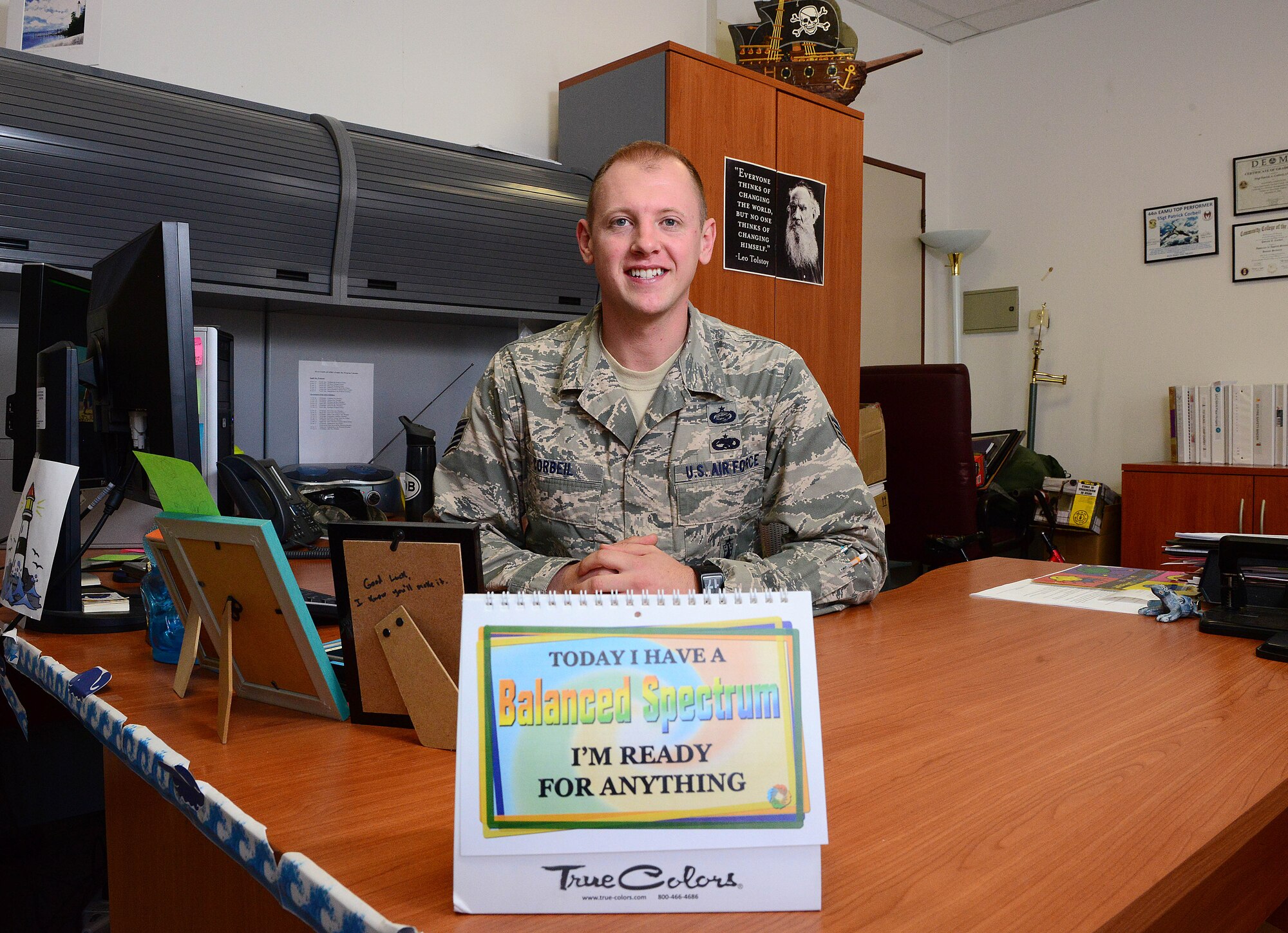 Staff Sgt. Patrick Corbeil, 31st Fighter Wing Equal Opportunity Office specialist, was named the 31st Fighter Wing’s “Wyvern Warrior of the Week,” during a wing staff meeting, Oct. 22, 2014, at Aviano Air Base, Italy. Corbeil was recognized by Col Gregory Kreuder, 31st FW vice commander, for going above and beyond in his dedication to the mission. (U.S. Air Force photo/Senior Airman Matthew Lotz)
