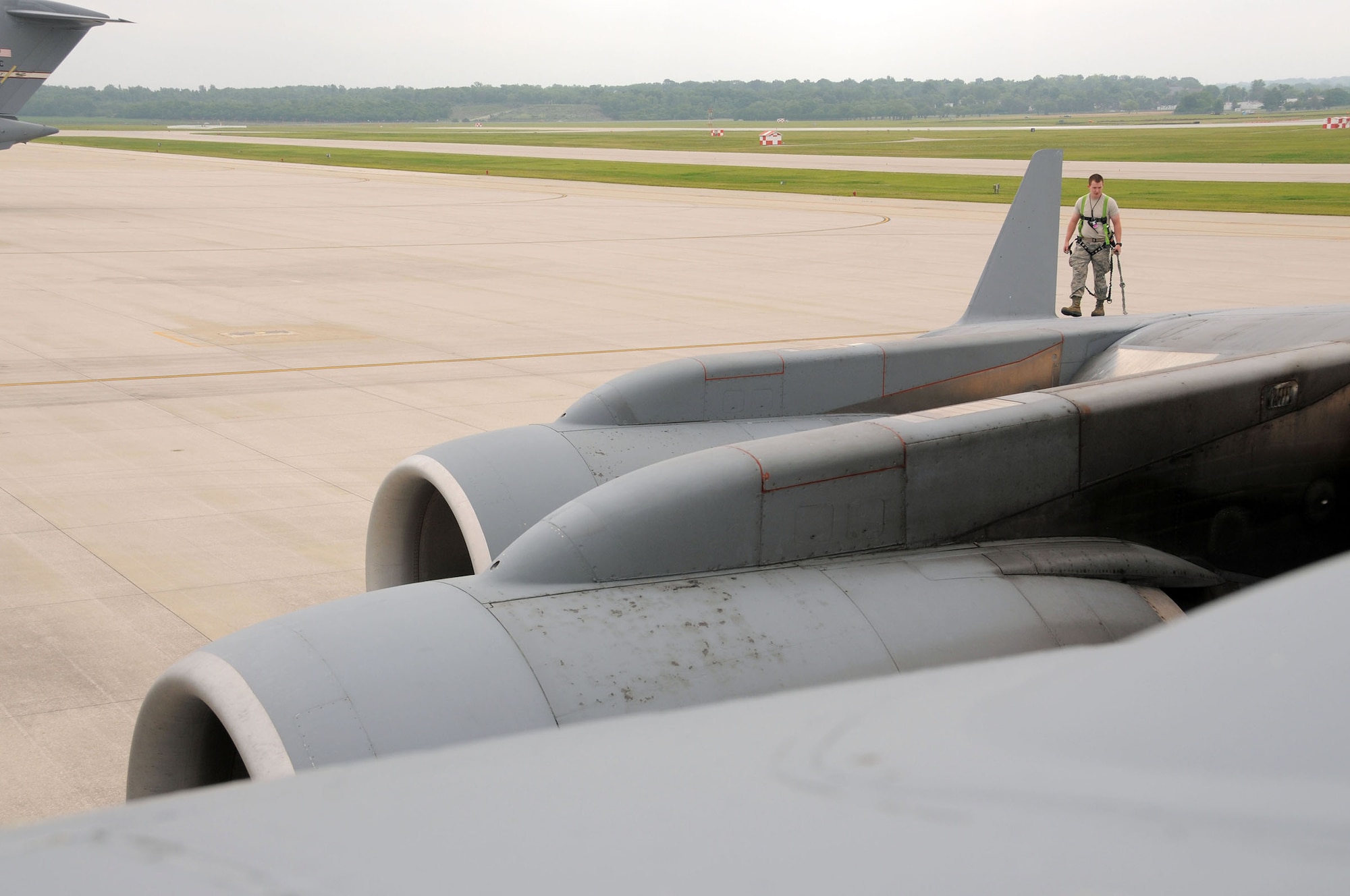 WRIGHT-PATTERSON AIR FORCE BASE, Ohio – Senior Airman Mason Haney, a crew chief with the 445th Aircraft Maintenance Squadron, inspects the wing of a C-17 Globemaster III aircraft as part of a basic post flight inspection on the flightline at Wright-Patterson Air Force Base, Ohio, June 6, 2015. (U.S. Air Force Photo/Tech. Sgt. Anthony G. Springer)
