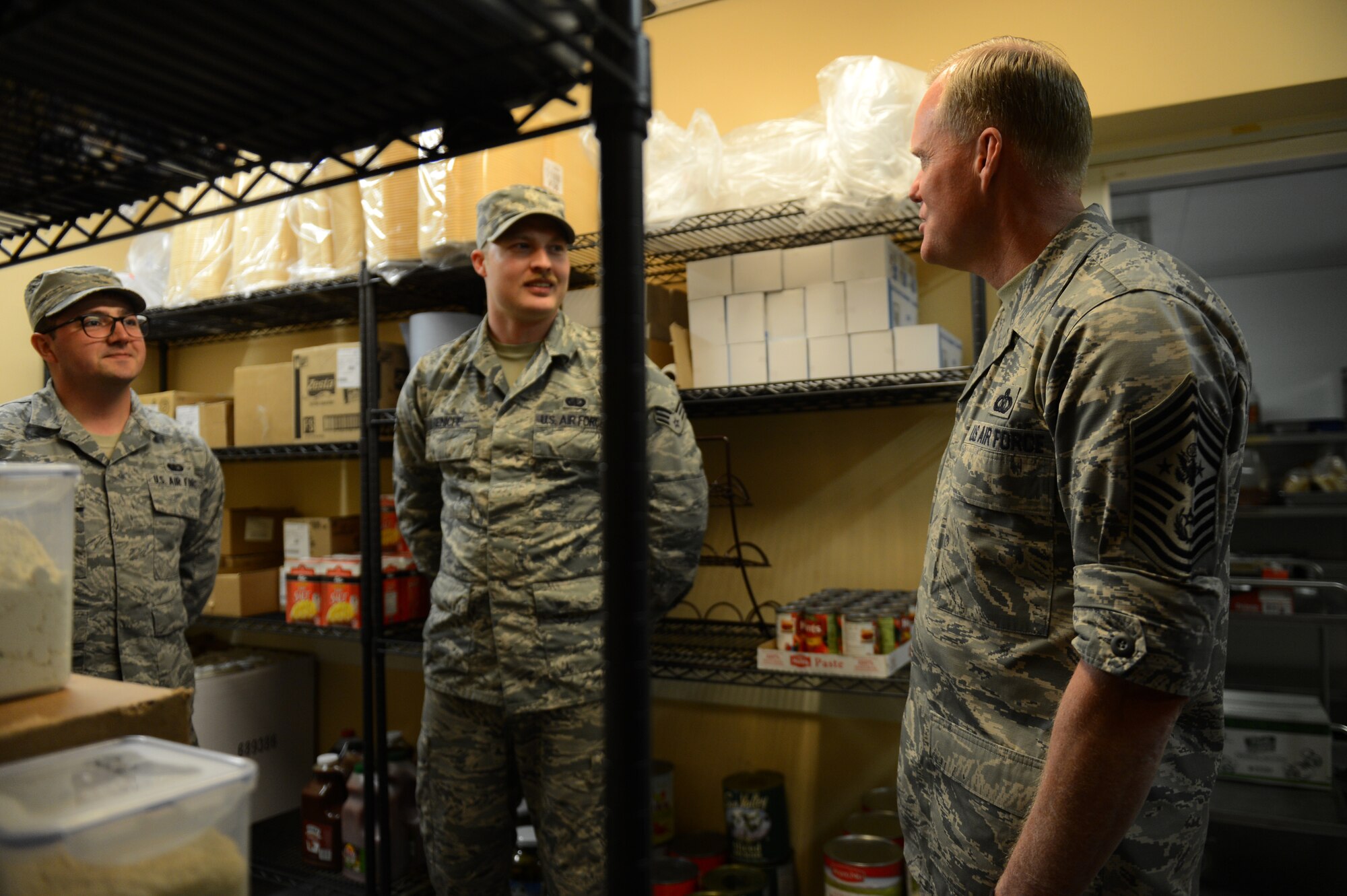 U.S. Air Force Chief Master Sgt. of the Air Force James Cody visits work centers during a site visit at Volkel Air Base, the Netherlands, June 23, 2015. Volkel AB consists of more than 300 active duty Airmen, civilians and families working closely with their host nation counterparts. (U.S. Air Force photo by Senior Airman Gustavo Castillo/Released)  