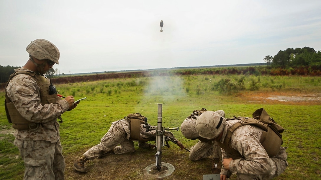Marines with 2nd Battalion, 2nd Marine Regiment fire a 60mm mortar during a live-fire exercise aboard Camp Lejeune, N.C., June 25, 2015.  The unit conducted the training to better prepare the Marines for the use of the direct lay method of fire.  The direct lay method requires the Marines to make all their adjustments themselves and not rely on a Fire Direction Center.  (U.S. Marine Corps photo by Cpl. Michael Dye/Released)