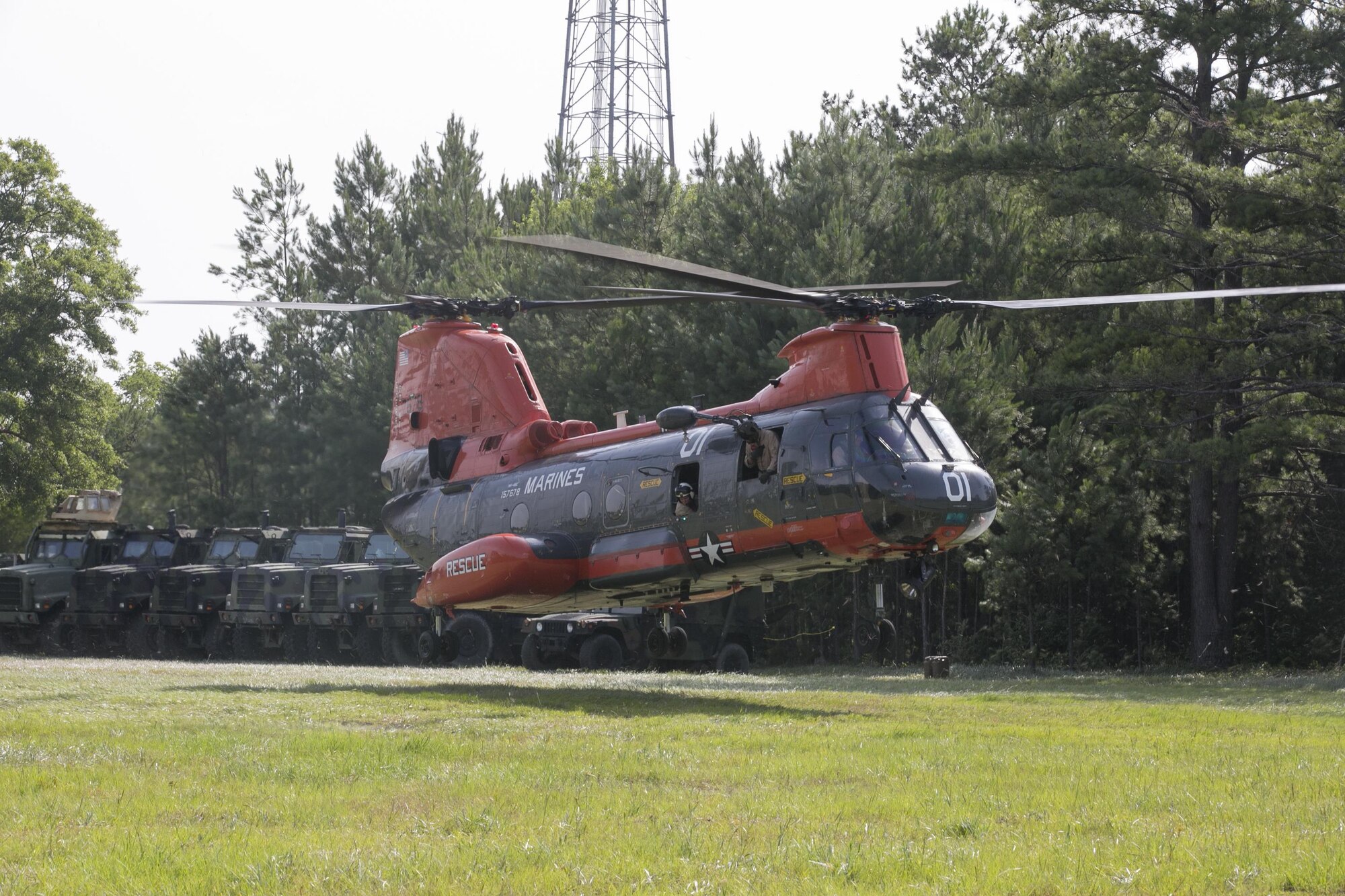 An HH-46E Sea Knight, with Marine Transport Squadron 1, Marine Corps Air Station Cherry Point, lands in a field as part of a medical field exercise, June 24, 2015, aboard Camp Lejeune, N.C. The aircraft is nicknamed “Pedro,” to designate it as a search and rescue aircraft. Personnel assigned to Pedro flew into the exercise being conducted by 2nd Medical Battalion, 2nd Marine Logistics Group, to help train the medical personnel on how to do medical evacuations. (U.S. Marine Corps photo by Cpl. Elizabeth Case/Released)