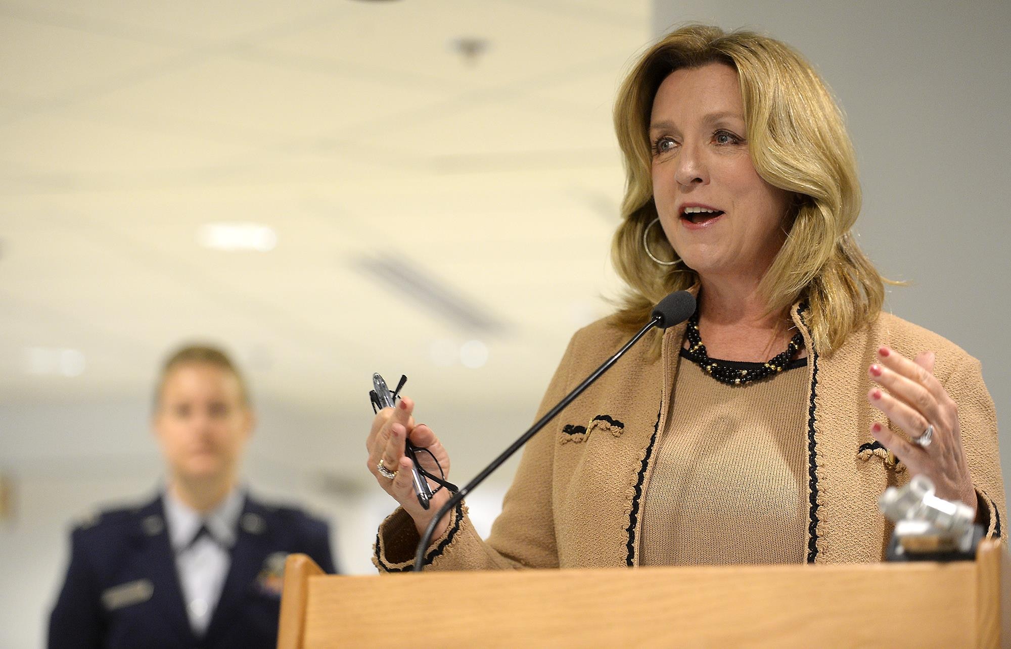 Secretary of the Air Force Deborah Lee James speaks before the ceremonial unveiling of the Gen. Larry O. Spencer Innovation Award, named in honor of Air Force Vice Chief of Staff Gen. Larry O. Spencer, June 29, 2015, at the Pentagon. The idea was conceived by Air Force Chief of Staff Gen. Mark A. Welsh III to recognize Airmen who share their creative and efficient ways to save money and time. (U.S. Air Force photo/Scott M. Ash) 