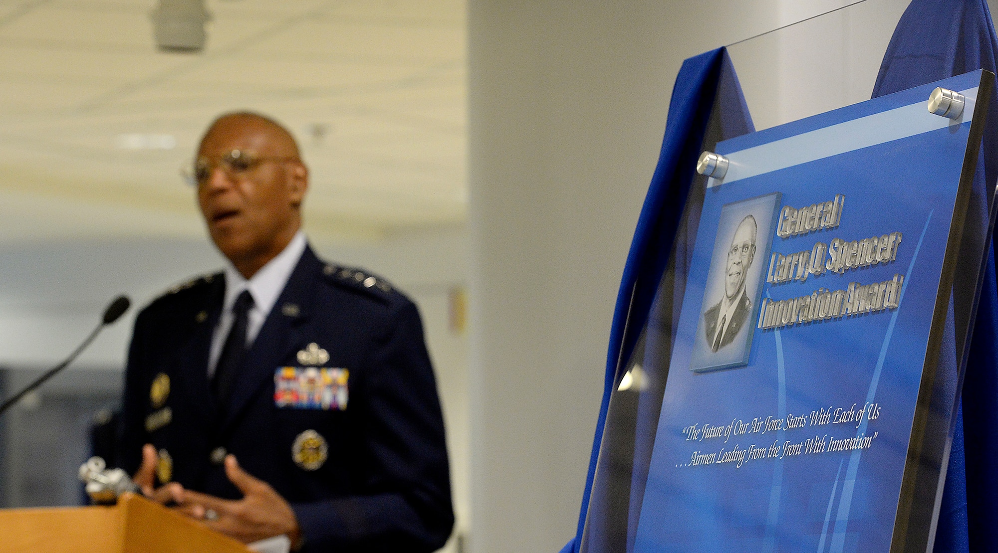 Air Force Vice Chief of Staff Gen. Larry O. Spencer speaks during the ceremony where Secretary of the Air Force Deborah Lee James unveiled the Gen. Larry O. Spencer Innovation Award June 29, 2015, at the Pentagon. The idea was conceived by Air Force Chief of Staff Gen. Mark A. Welsh III to recognize Airmen who share their creative and efficient ways to save money and time. (U.S. Air Force photo/Scott M. Ash)