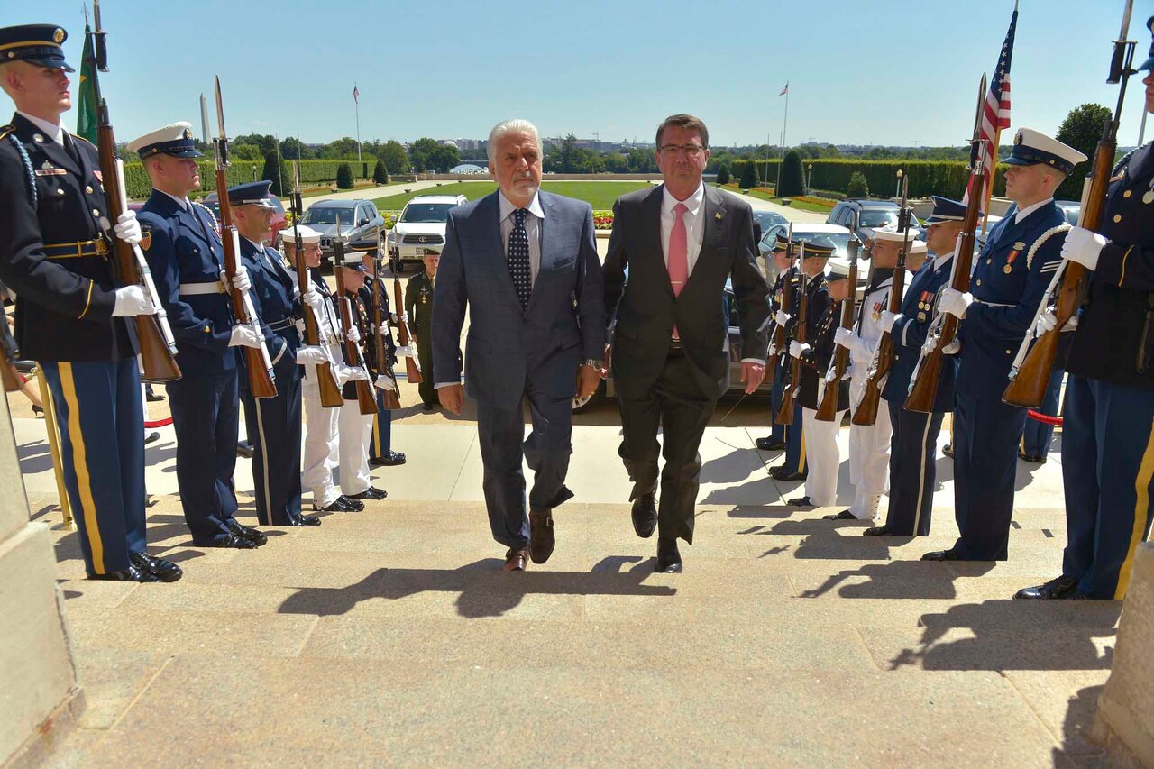 Defense Secretary Ash Carter, right, hosts an honor cordon to welcome Brazilian Defense Minister Jaques Wagner to the Pentagon, June 29, 2015. The two defense leaders met to discuss matters of mutual importance. DoD photo by Glenn Fawcett