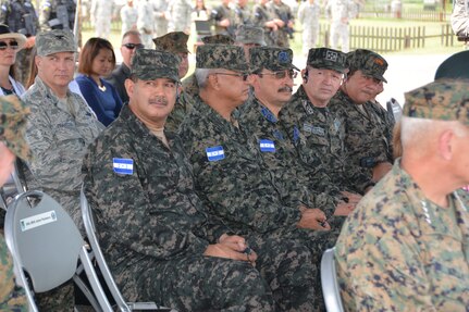 Maj. Gen. Fredy Diaz, Chief of the Joint Staff for the Honduran Armed Forces, sits with senior leaders from the Honduran Armed Forces at the Joint Task Force – Bravo change of command ceremony June 30, 2015 at Soto Cano Air Base, Honduras. Numerous senior leaders attended the ceremony, from both the U.S. and Honduras. (U.S. Air Force photo by Martin Chahin)