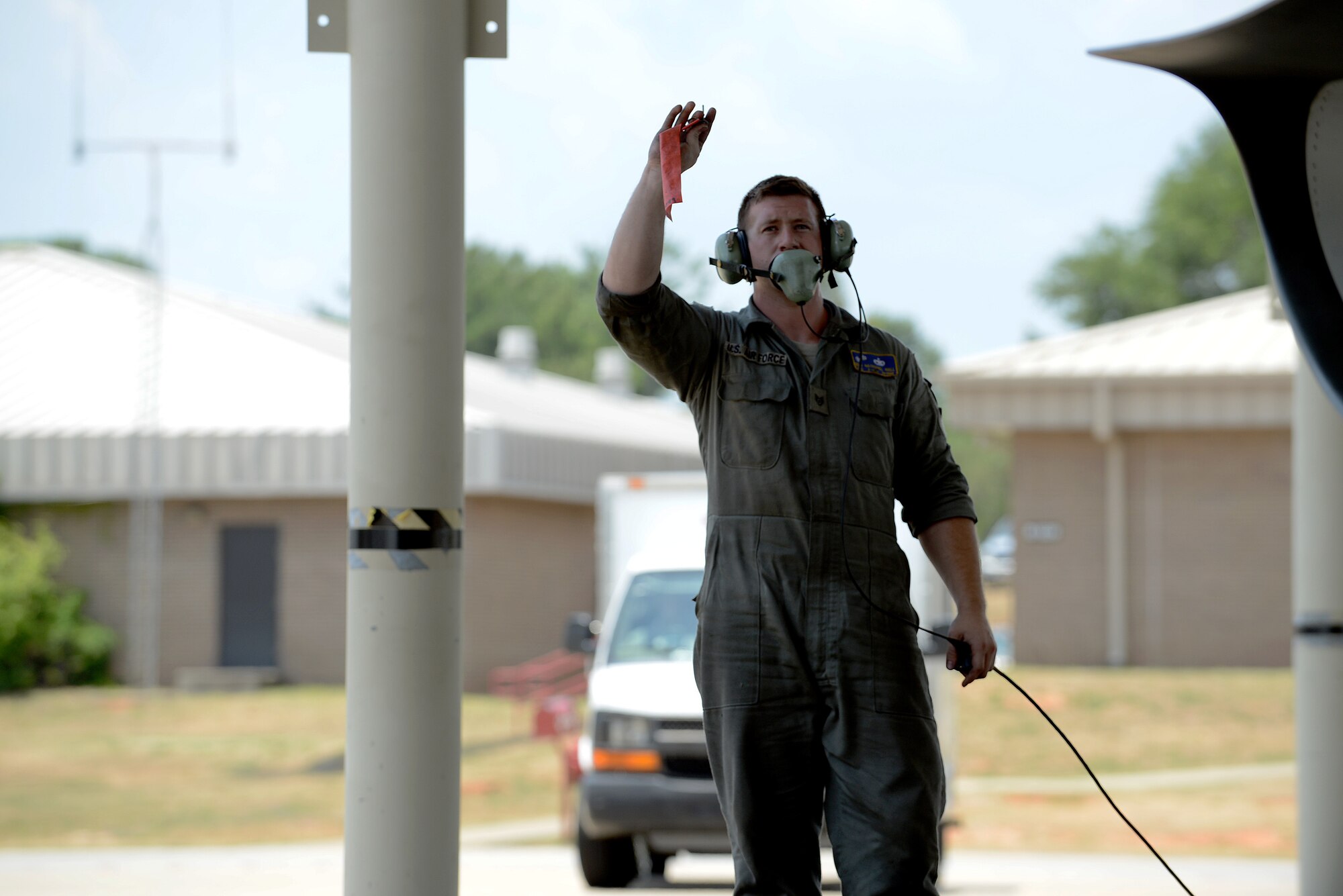 U.S. Air Force Staff Sgt. Nathaniel Hall, 55th Aircraft Maintenance Unit dedicated crew chief, conducts pre-flight checks for Maj. Gen. H. D. Polumbo Jr., Ninth Air Force commander, at Shaw Air Force Base, S.C., June 26, 2015. Before takeoff, the tactical aircraft maintainers assigned to Polumbo’s F-16CM Fighting Falcon ensured the aircraft was safe and ready for him to fly. (U.S. Air Force photo by Senior Airman Diana M. Cossaboom/Released)