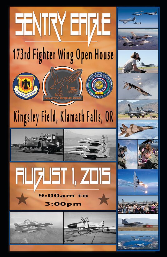 Sentry Eagle 2015 will be Aug. 1, 2015.  Fighter units from across the United States will gather for a large force exercise in conjunction with a base Open House.  Come out to Kingsley Field to have a front row seat at the operations at the 173rd Fighter Wing.  See an F-15, meet a pilot, and have a great time at this free family event!  (U.S. Air National Guard graphic by Senior Airman Penny Snoozy)