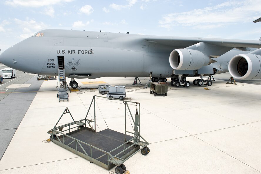 A C-5M Super Galaxy sits on six jacks for main landing gear troubleshooting and operational checks June 25, 2015, on the flight line at Dover Air Force Base, Del. A nine-person jack team from the 436th Maintenance Squadron Aero Repair shop raised the 450,000 pound aircraft, including fuel, approximately 14-inches off the ground to safely accomplish landing gear retraction and extension maintenance procedures. (U.S. Air Force photo/Roland Balik)