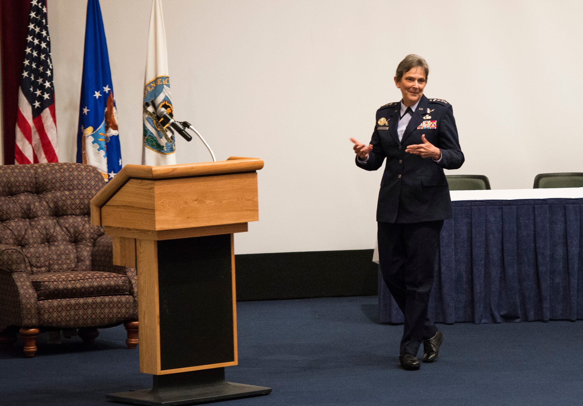 Gen. Ellen Pawlikowski, commander, Air Force Materiel Command, delivers the
keynote speech to acquisition professionals during day-two of the 2015 Acquisition
Insight Focus Days June 24.  During her presentation, she discussed how acquisition program management is "more of an art than a science."   (Air Force photo by Wesley Farnsworth/Released)  
