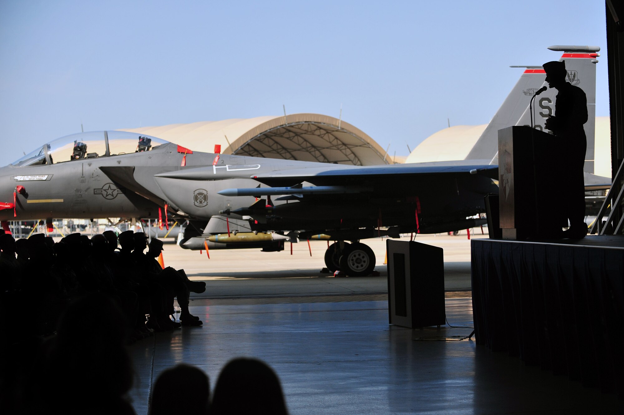 Col. Brian Afflerbaugh, 4th Operations Group commander, speaks during the 333rd Fighter Squadron change of command ceremony, June 30, 2015, at Seymour Johnson Air Force Base, North Carolina. Afflerbaugh was the presiding official for the ceremony. (U.S. Air Force photo/Senior Airman John Nieves Camacho)