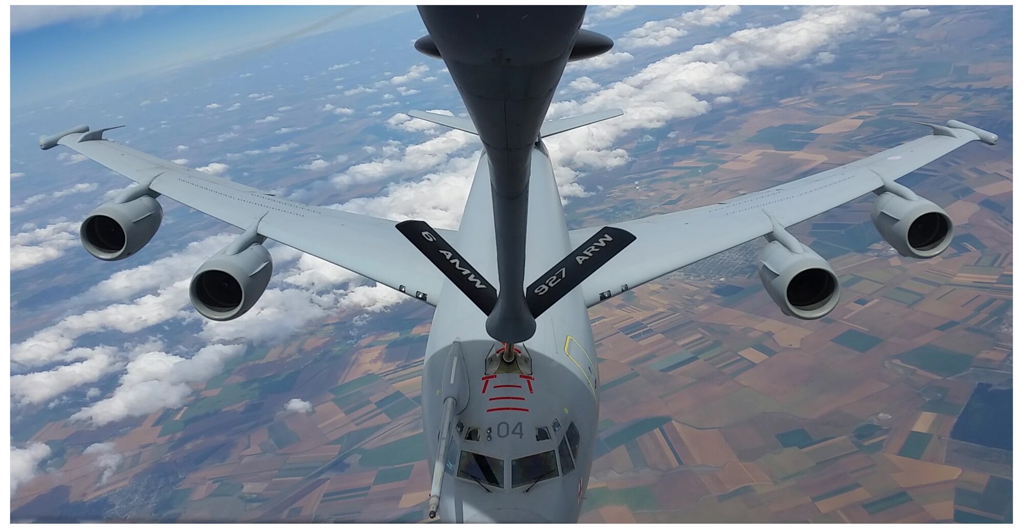 A United Kingdom Royal air force E-3D airborne warning and control system (AWACs) aircraft receives fuel from a 927th Air Refueling Wing KC-135 during an air-to-air refueling mission. Two KC-135 Stratotankers along with more than 30 aircrew and maintenance personnel from the 927th Air Refueling Wing, MacDill Air Force Base, Fla., deployed to RAF Mildenhall, England in support of Operation Atlantic Resolve, 17-30 June. (U.S. Air Force photo/ Tech. Sgt. Peter Dean)