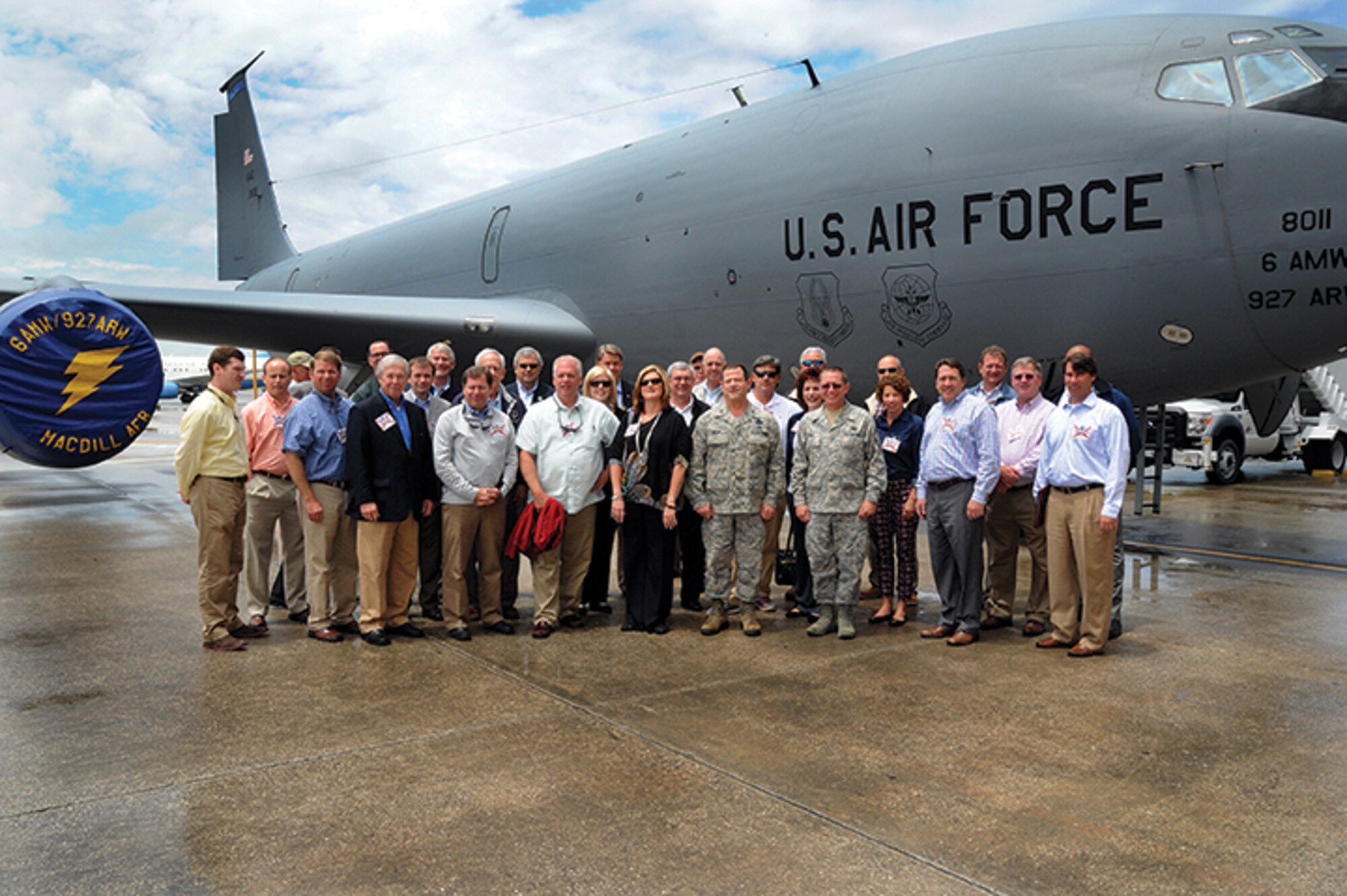 The 908th Airlift Wing recently hosted 29 local elected officials and business people on a Civic Leader Tour to MacDill Air Force Base, Fla. Here, the group poses in front of a KC-135 Stratotanker belonging to the 927th Air Refueling Wing.