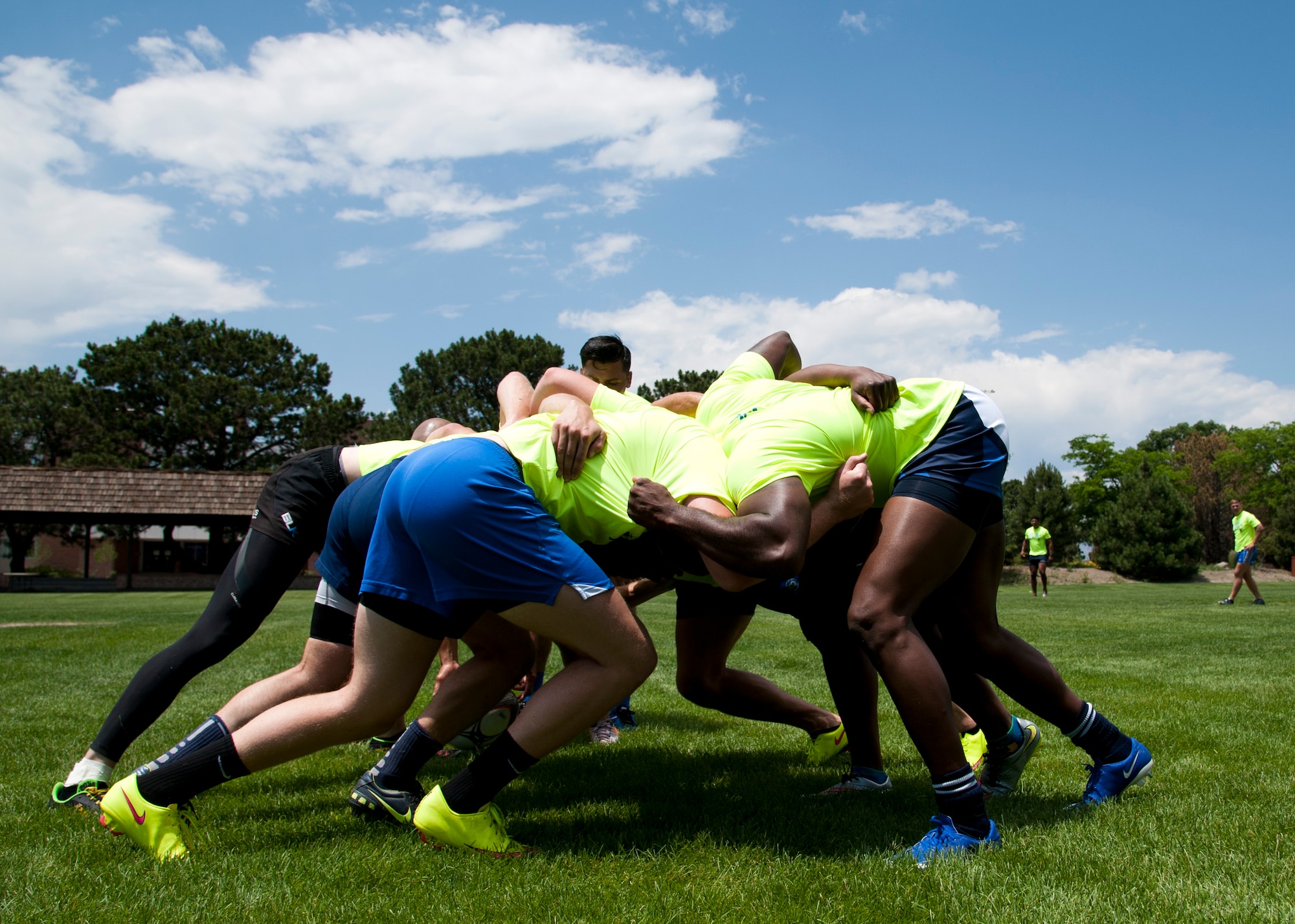 PETERSON AIR FORCE BASE, Colo. – The Air Force Men’s Ruby Sevens team practices at Patriot Park on June 25, 2015. The team practices twice a day either at the Youth Center’s field or with the Colorado Springs Rugby team, the Grizzlies. (U.S. Air Force photo by Senior Airman Tiffany DeNault)