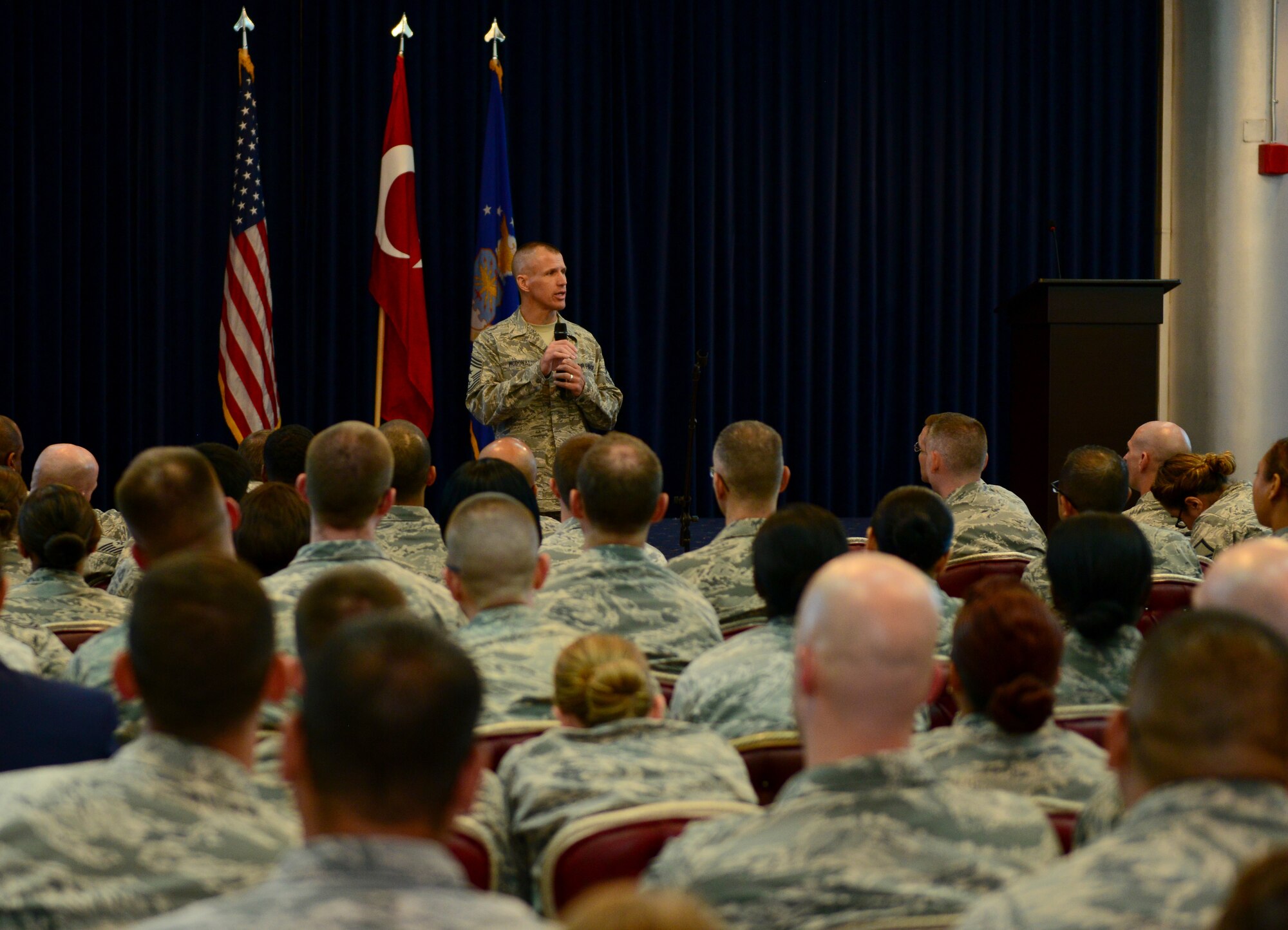 Chief Master Sgt. Steve McDonald, Air Combat Command command chief, addresses Airmen about the Enlisted Evaluation System and the Weighted Airman Promotion System changes during a briefing June 26, 2015, at Incirlik Air Base, Turkey. The senior leaders addressed changes that have been implemented and those that will be implemented in the coming months. (U.S. Air Force photo by Staff Sgt. Caleb Pierce/Released)