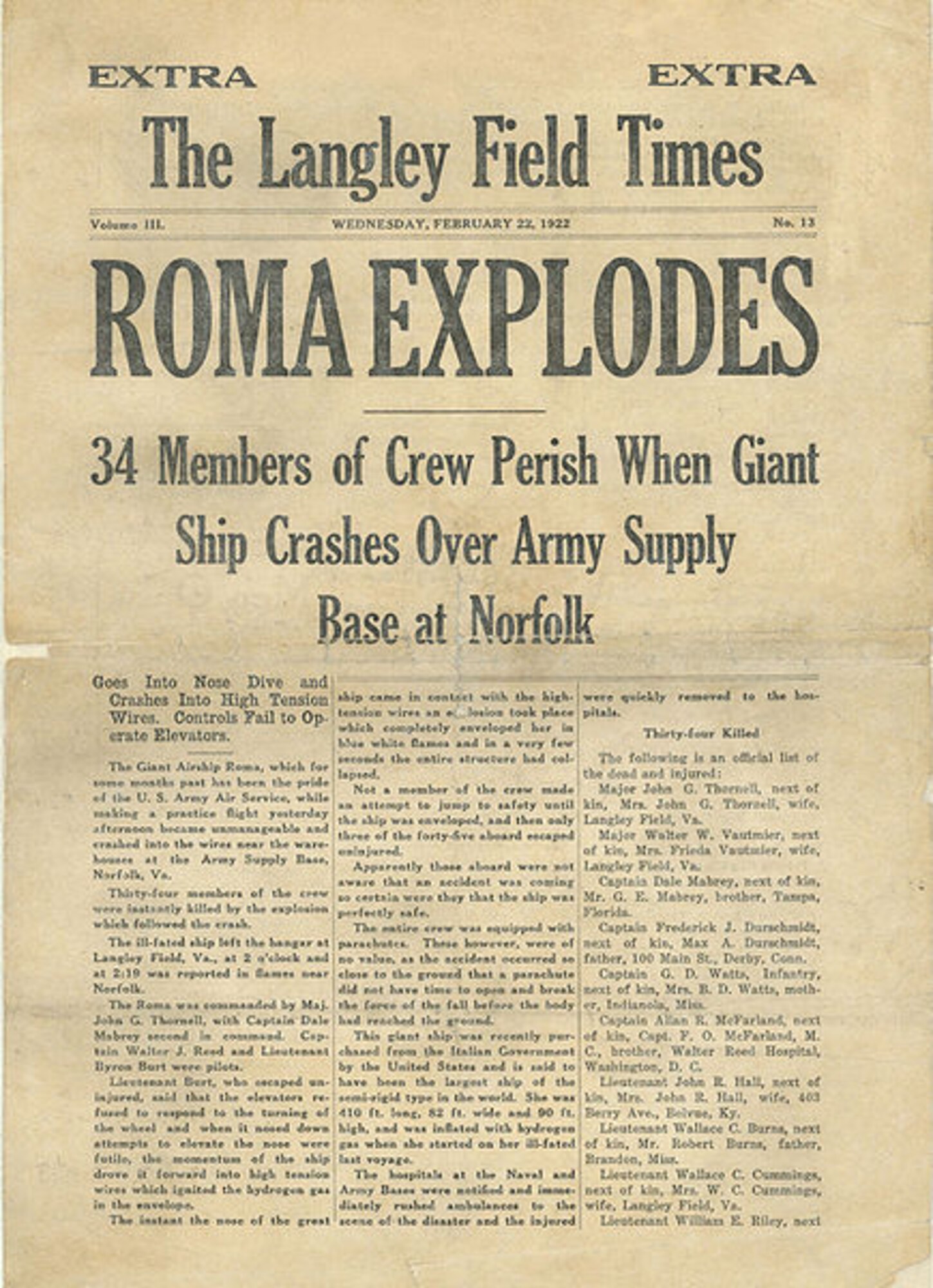 Pictured is an article released after the crash of the Army airship Roma. Roma crashed during a test flight on 21 Feb., 1922 claiming 34 lives. (Courtesy photo)