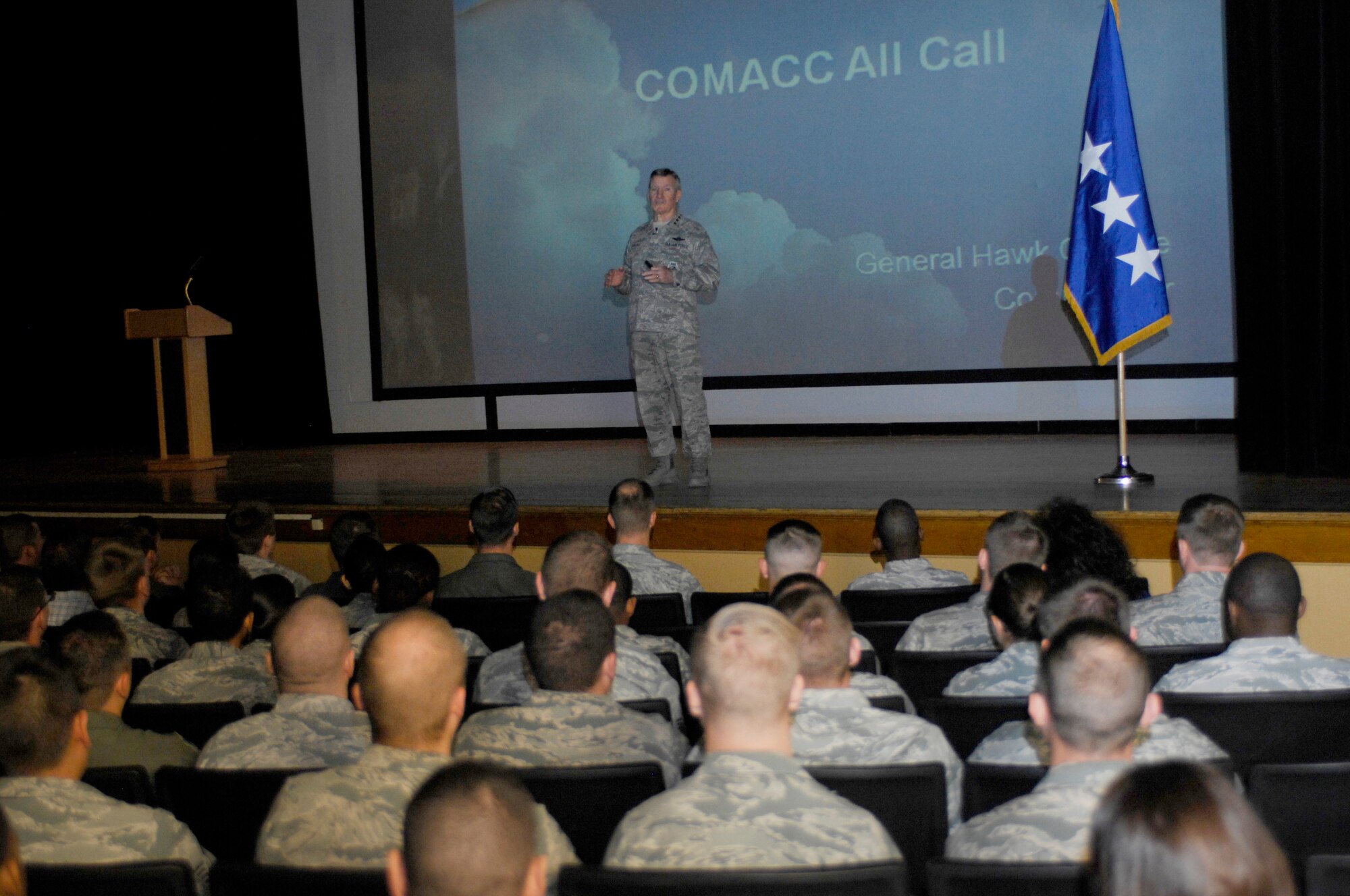 U.S. Air Force General Hawk Carlisle, Commander of Air Combat Command, speaks during an all call at Davis-Monthan Air Force Base, Ariz., Feb, 27, 2015. Carlisle spoke to Airmen about the past, present and future of the ACC Airmen. He also emphasized maintaining a solid force by setting priorities. In closing, he thanked the Airmen for all their hard work and dedication to making this the world’s greatest Air Force. (U.S. Air Force photo by Airmen 1st Class Cheyenne Morigeau/Released)