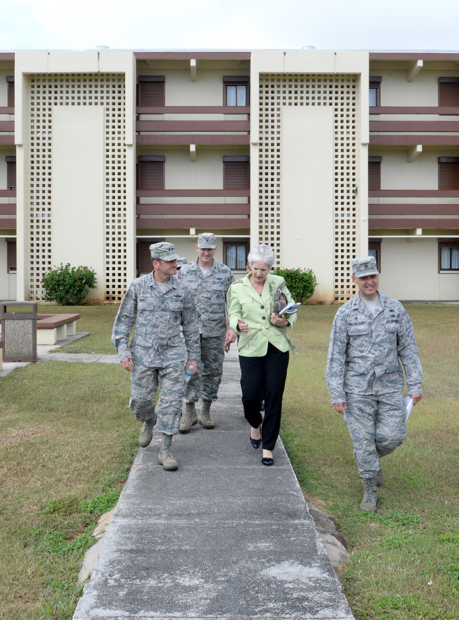 Lt. Gen. Russell Handy, 11th Air Force commander, and Brig. Gen. Andrew Toth, 36th Wing commander, tour the dormitories Feb. 24, 2015, at Andersen Air Force Base, Guam. During his week-long tour, he also visited different squadrons around Andersen and held an Airman’s call to discuss the strategic rebalance to the Pacific. (U.S. Air Force photo by Senior Airman Amanda Morris/Released)