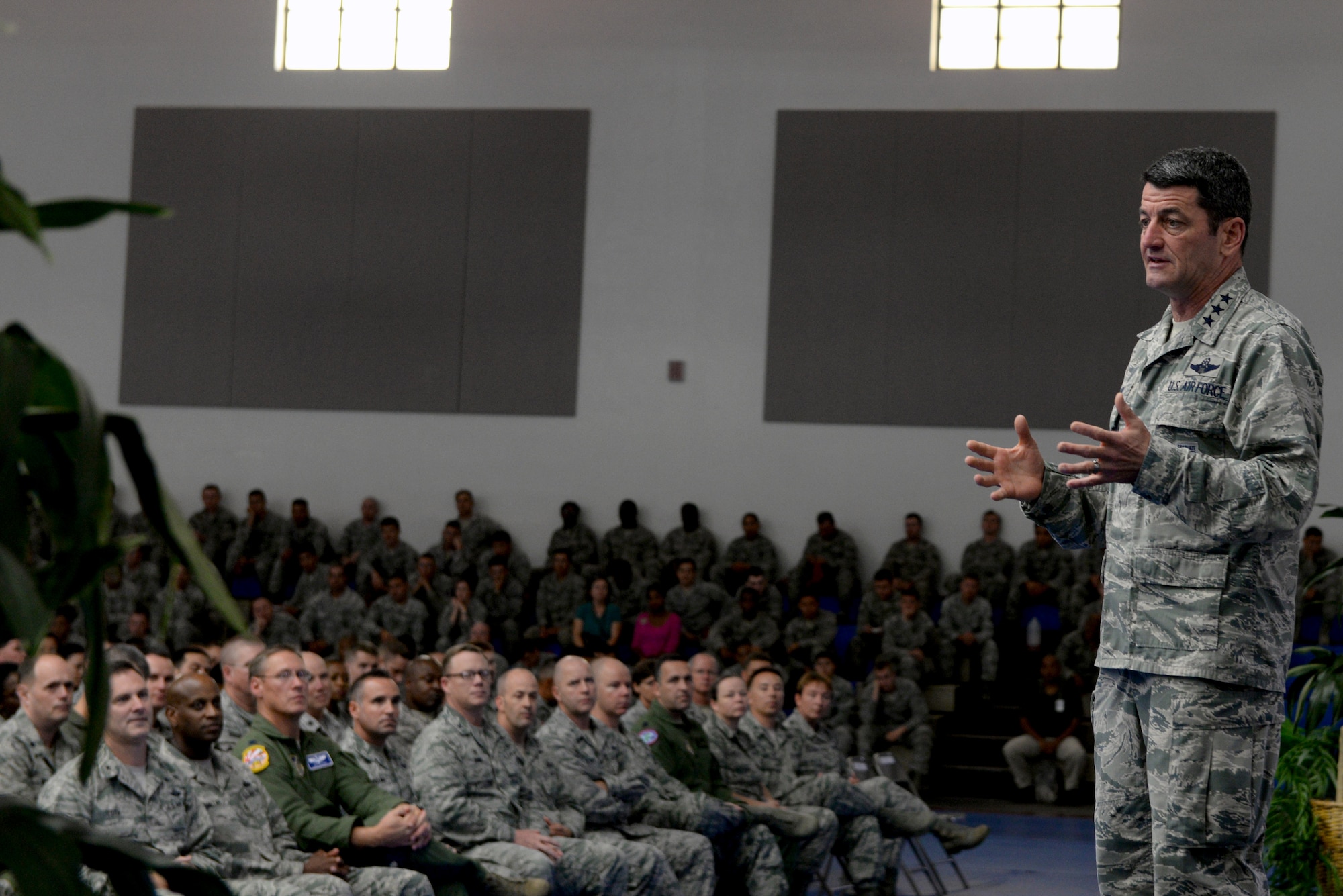 Lt. Gen. Russell Handy, 11th Air Force commander, speaks at an all call Feb. 25, 2015, at Andersen Air Force Base, Guam.  He discussed how Andersen’s mission is vital to the  Pacific Air Forces top priorities, which include theater security cooperation, integrated air and missile defense, power projection, agile and flexible command and control, and resilient Airmen. (U.S. Air Force photo by Airman 1st Class Alexa Ann Henderson/Released)